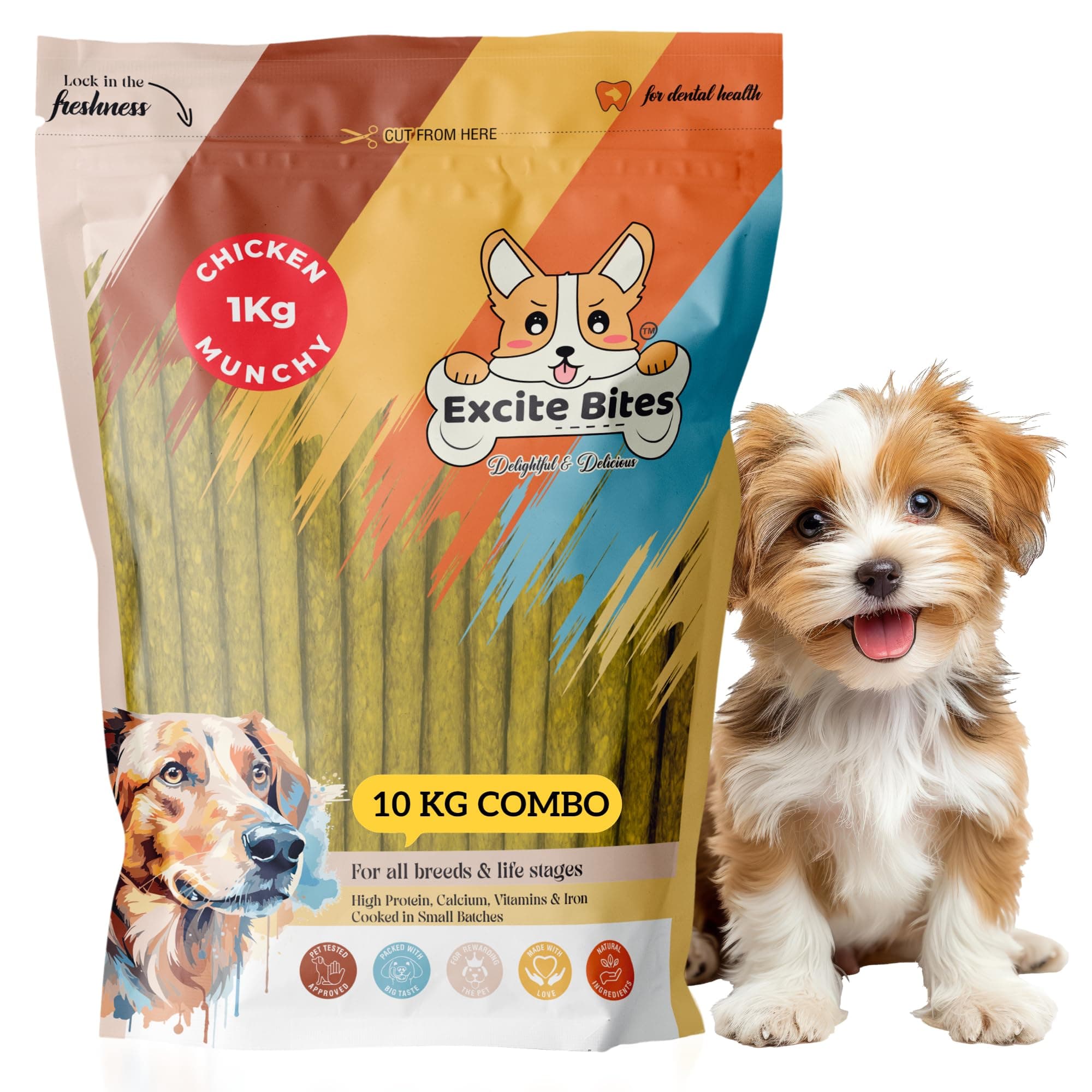 EXCITE BITES Chicken Flavor Munchy Sticks for Dogs| Protein Chew Sticks for Dogs | Essentials Treats for Adult & Puppies| Dental Sticks| Long-Lasting Chew Stick 1 kg (Pack of 10)