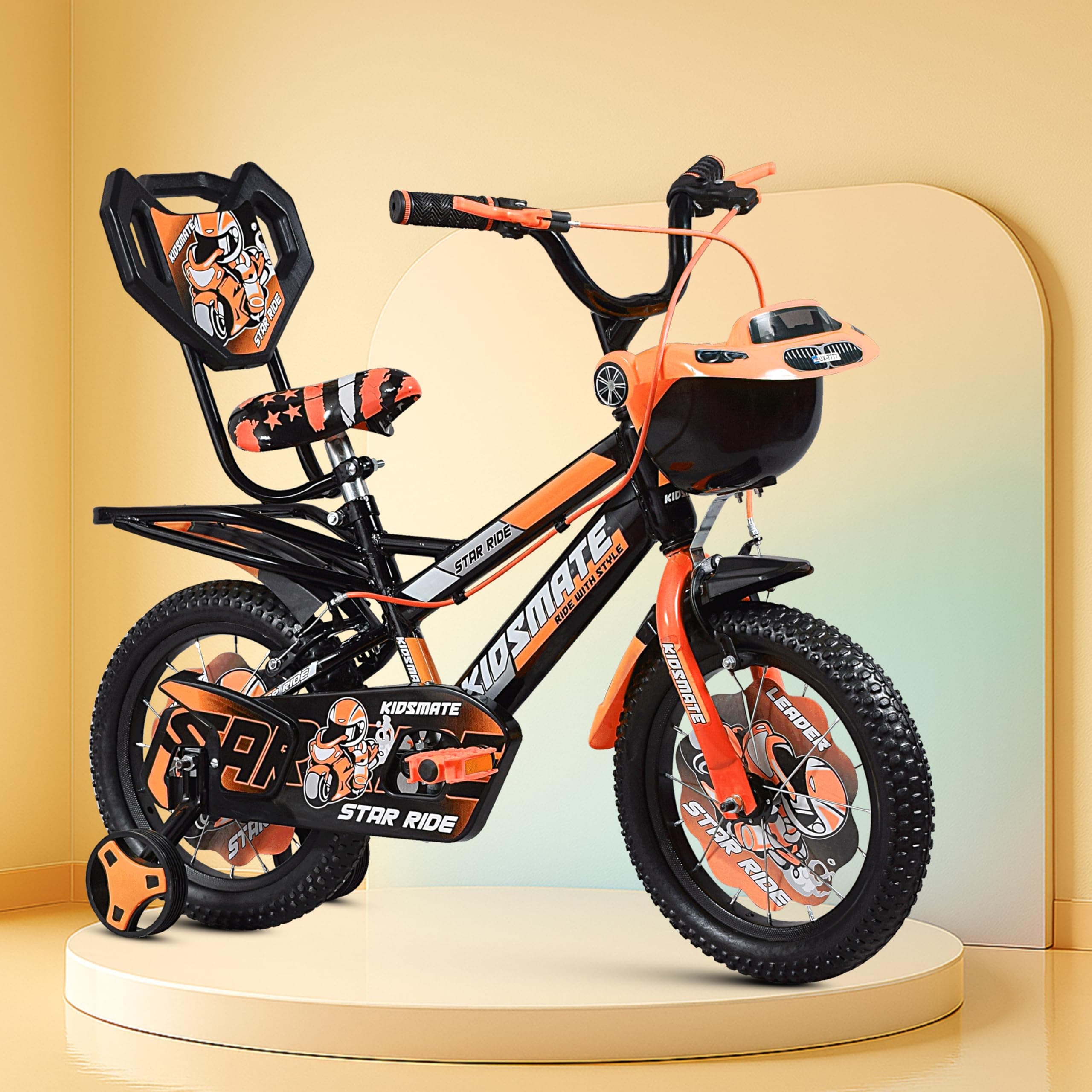 Kidsmate Star Ride 14T Kids Bicycle with Training Wheels | Cycle for Kids Featuring Front Basket, Adjustable Seat & Strong Steel Frame | Perfect First Ride Kids Cycle for 2-5 Years - Neon Orange