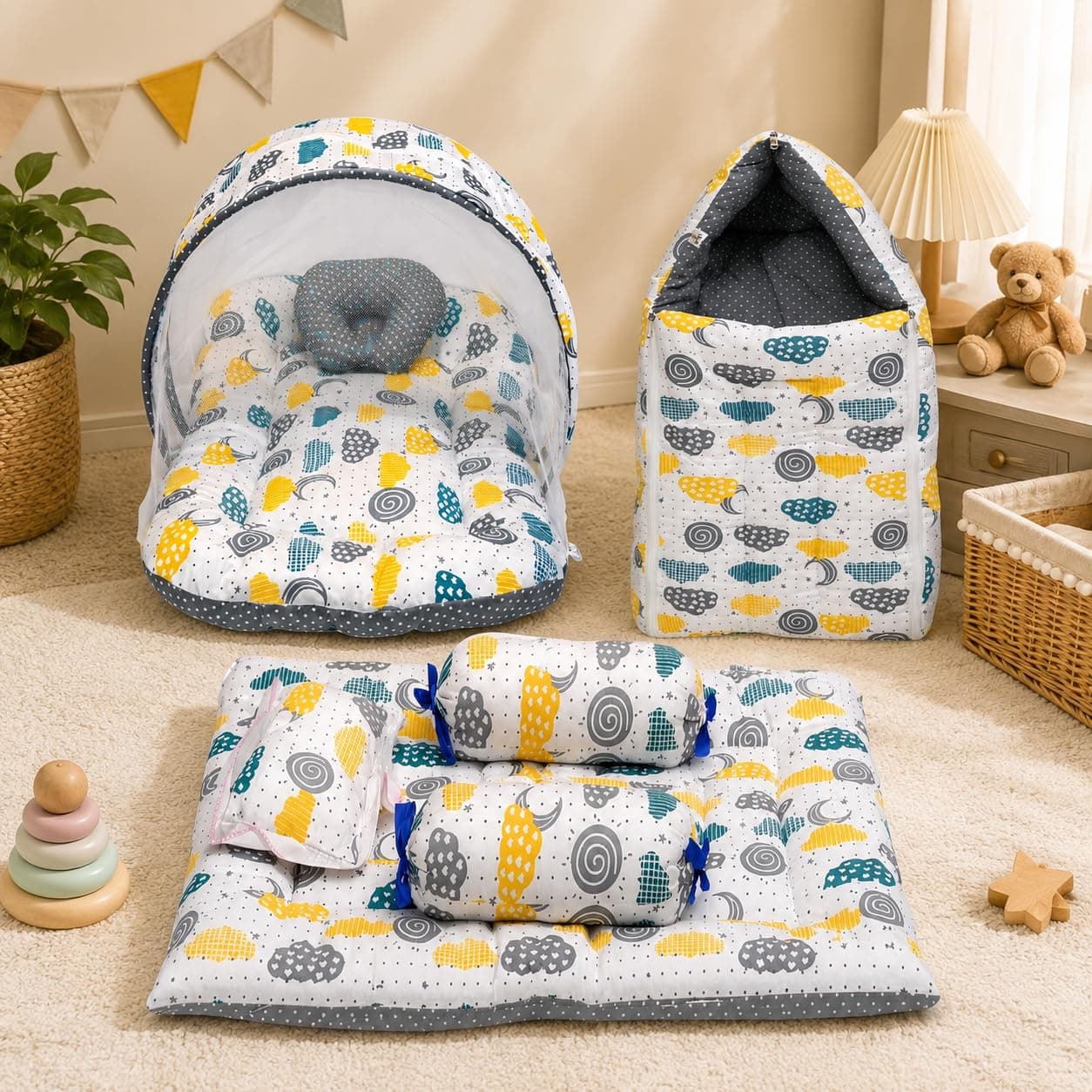 Infantbond Designer Mattress with Net | Baby Carry Bag | Carry Bed (0-6 Months) (Grey)