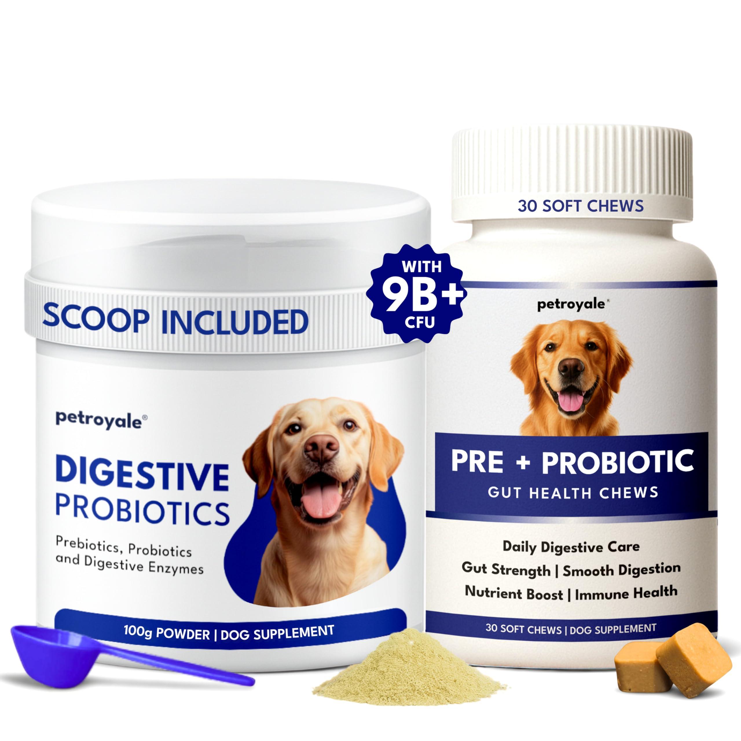 Petroyale Dog Probiotics Combo – 9B+ CFU Prebiotic Prebiotic Powder (100g) + 30 Pre & Probiotic Soft Chews – Gut Health Supplement for Dogs – Relieves Diarrhea, Gas & Indigestion – Immune Support