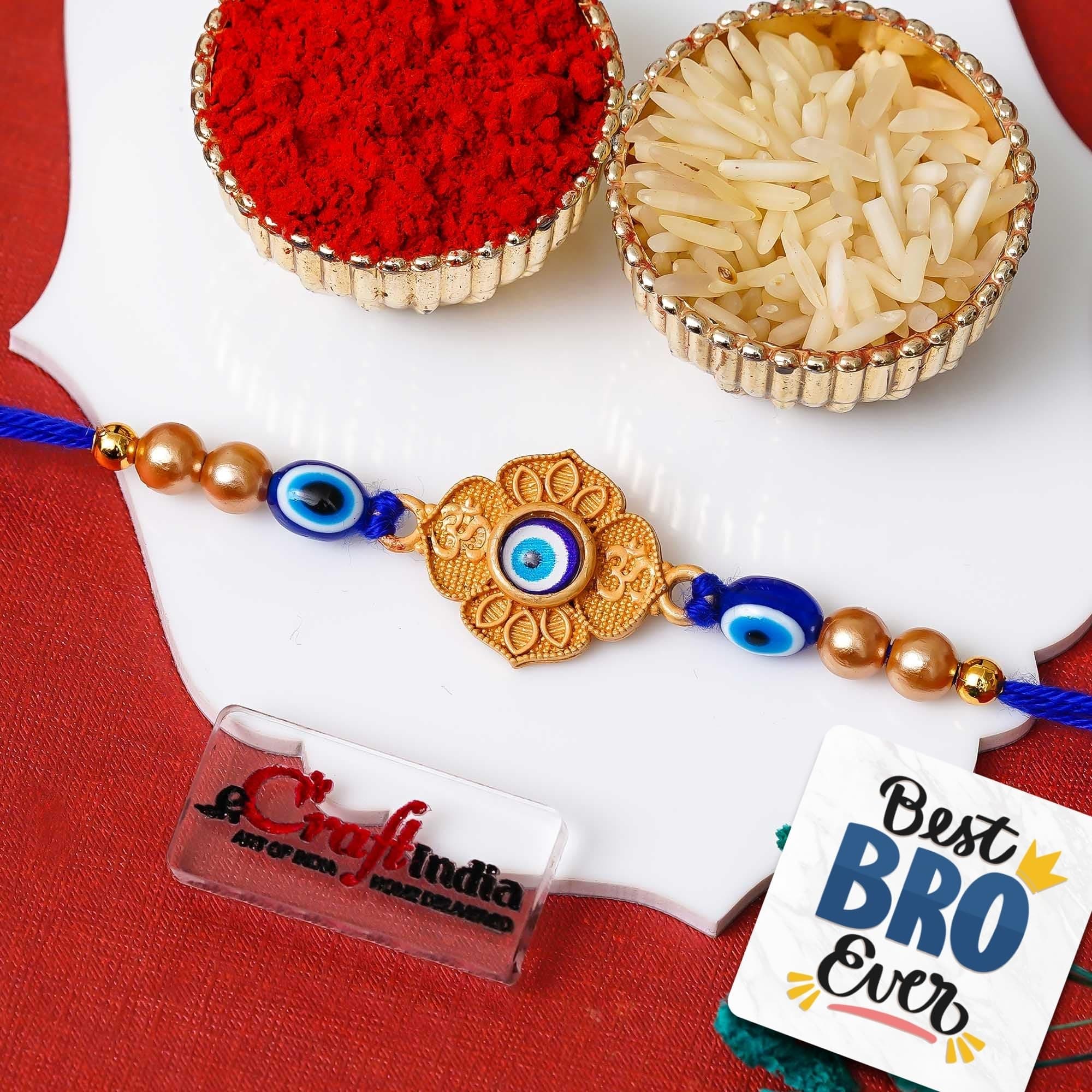 eCraftIndia Om Floral Evil Eye Rakhi for Brother with Gift Combo Set Hamper | Raksha Bandhan Rakhi for Bhai Bhaiya Bhabhi Kids Boy | Best Bro Ever Fridge Magnet | Roli Chawal Pack