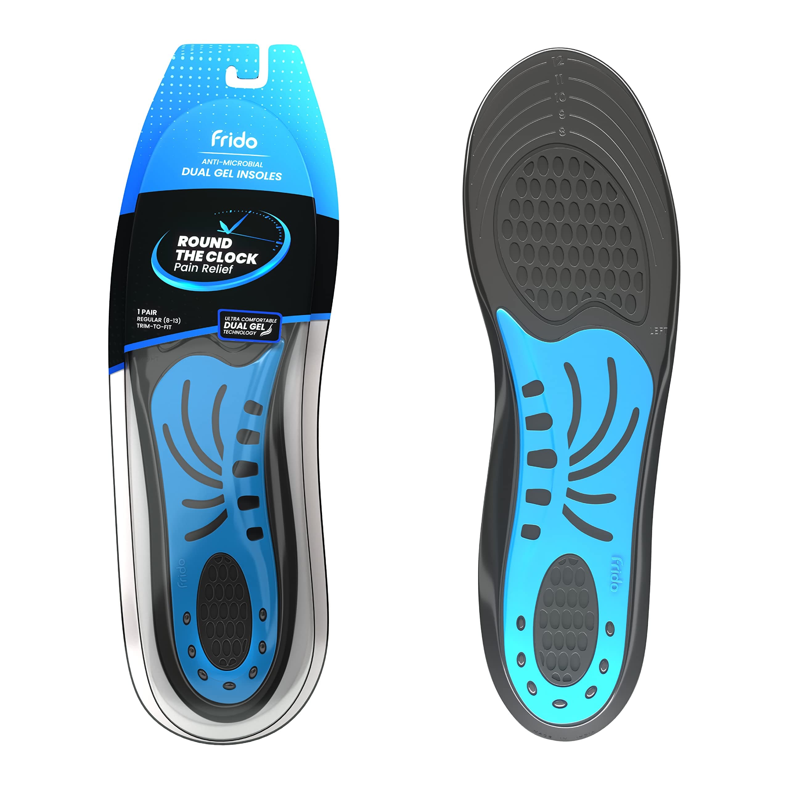 Frido Dual Gel Heavy Duty Trimmable Insoles | For Loose Shoes or Replacing Existing Insoles | Thick Shoe Inserts | Extra Comfort and Support | Proudly Made in India | (Size 5-8 UK) - Pack of 1 Pair