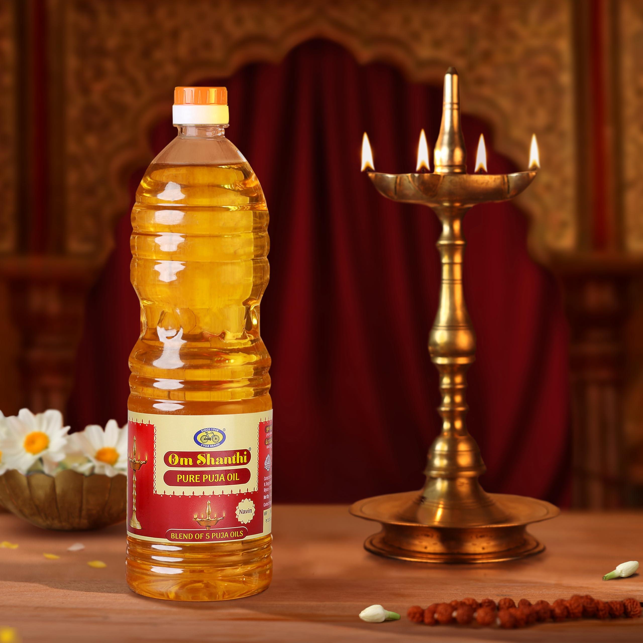Om Shanthi POOJA MADE PURE Cycle Navin Puja Oil (Diya/Lamp Oil), Blend of 5 Puja Oils with the Fragrance of Tulsi for Daily Puja, Festivals - Pack of 1/1 Liter Per Pack