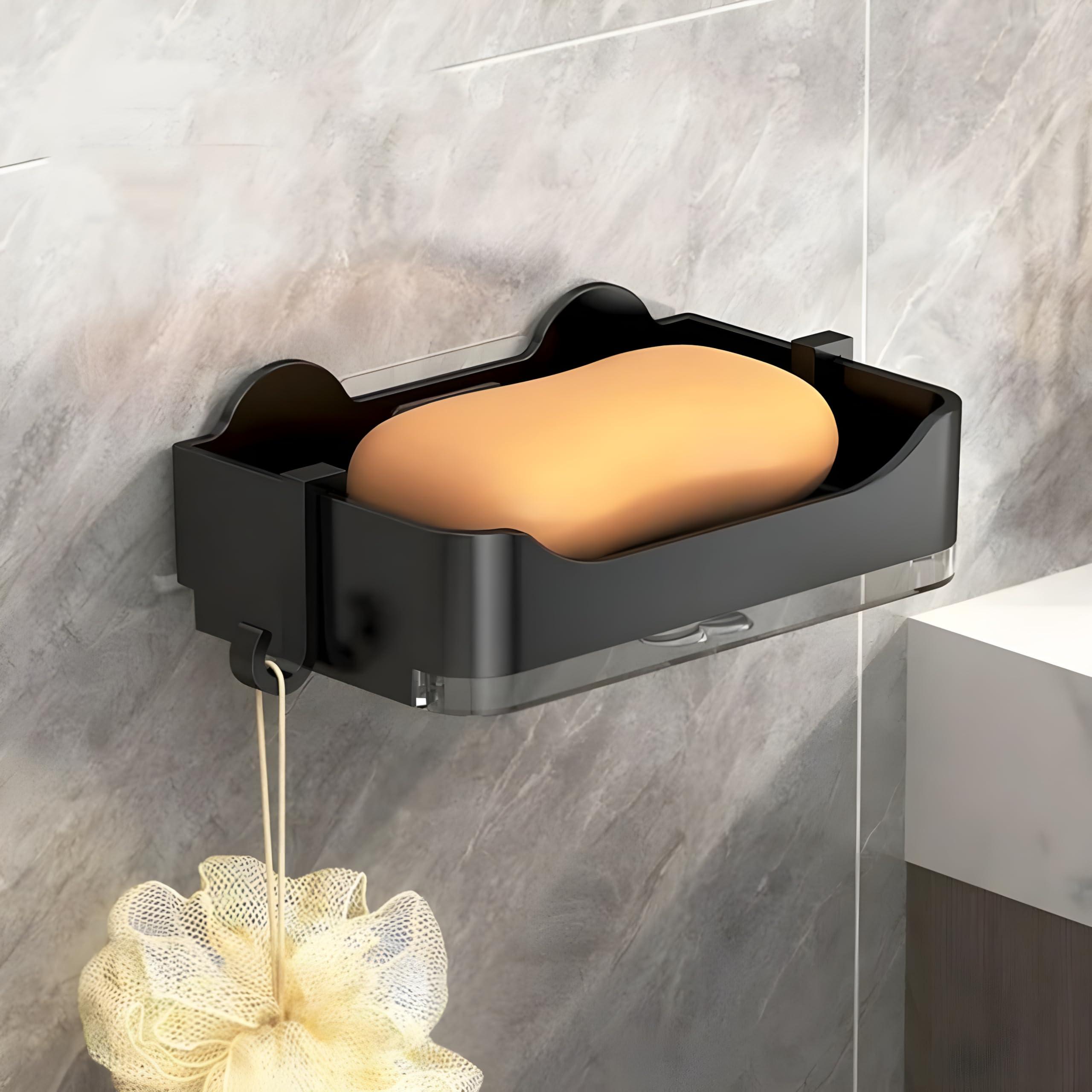 MorivaHomes Plastic Self-Adhseive Bathroom Soap Holder with Drainage Tray Wall Mounted Soap Sponge Holder Organizer Accessories (Black, Pack of 1)