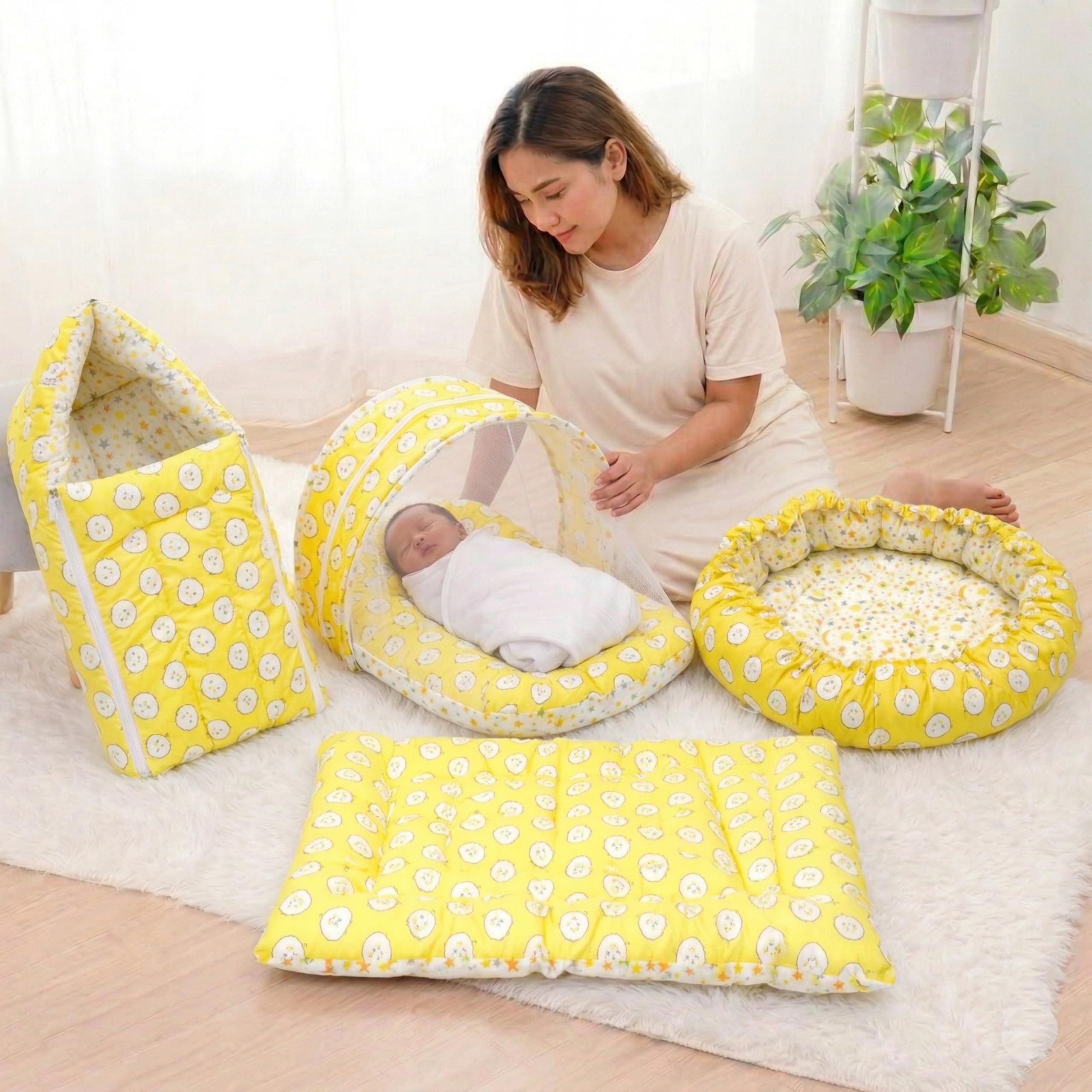 Infantbond Baby Essential Reversible Nest | Mattress with Net | Carry Bag | 4 Pcs Bedding Set (0-6 Months) (Sheep Yellow(Fullset Nest))