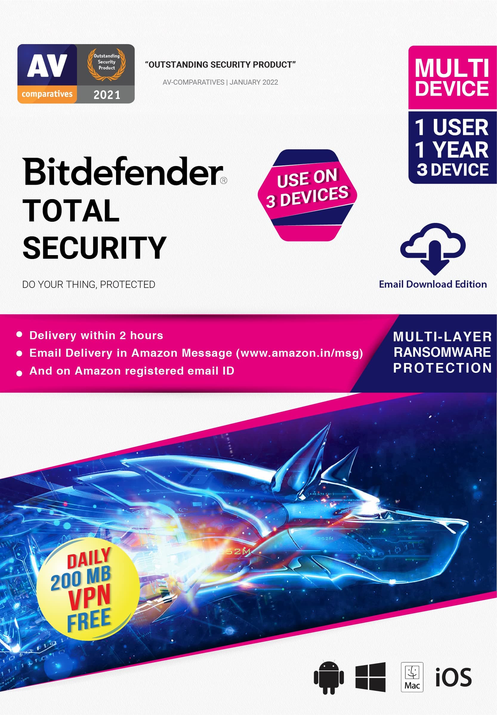 Bitdefender 1 User, 1 Year, 3 Device - Total Security | Windows | Mac | Android | iOS | Latest Version | (Single Activation Code)- [Email Delivery in 2 hours - No CD]