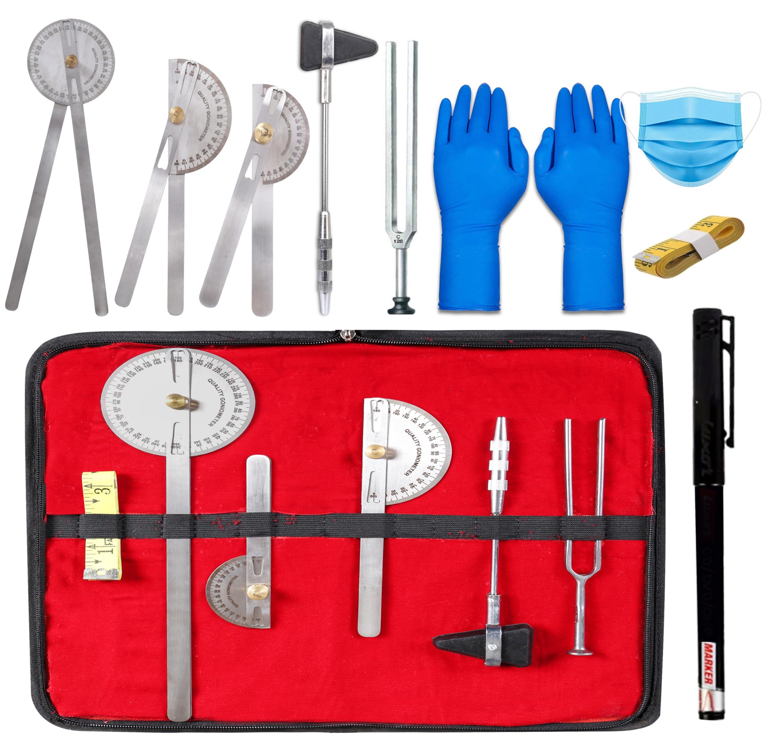 Professional Goniometer Set of Physiotherapy Kit with Knee Hammer, Stainless Steel Measurement Tools, One Pair Blue Gloves, Face Mask, Marker Pen, Red Storage Case.