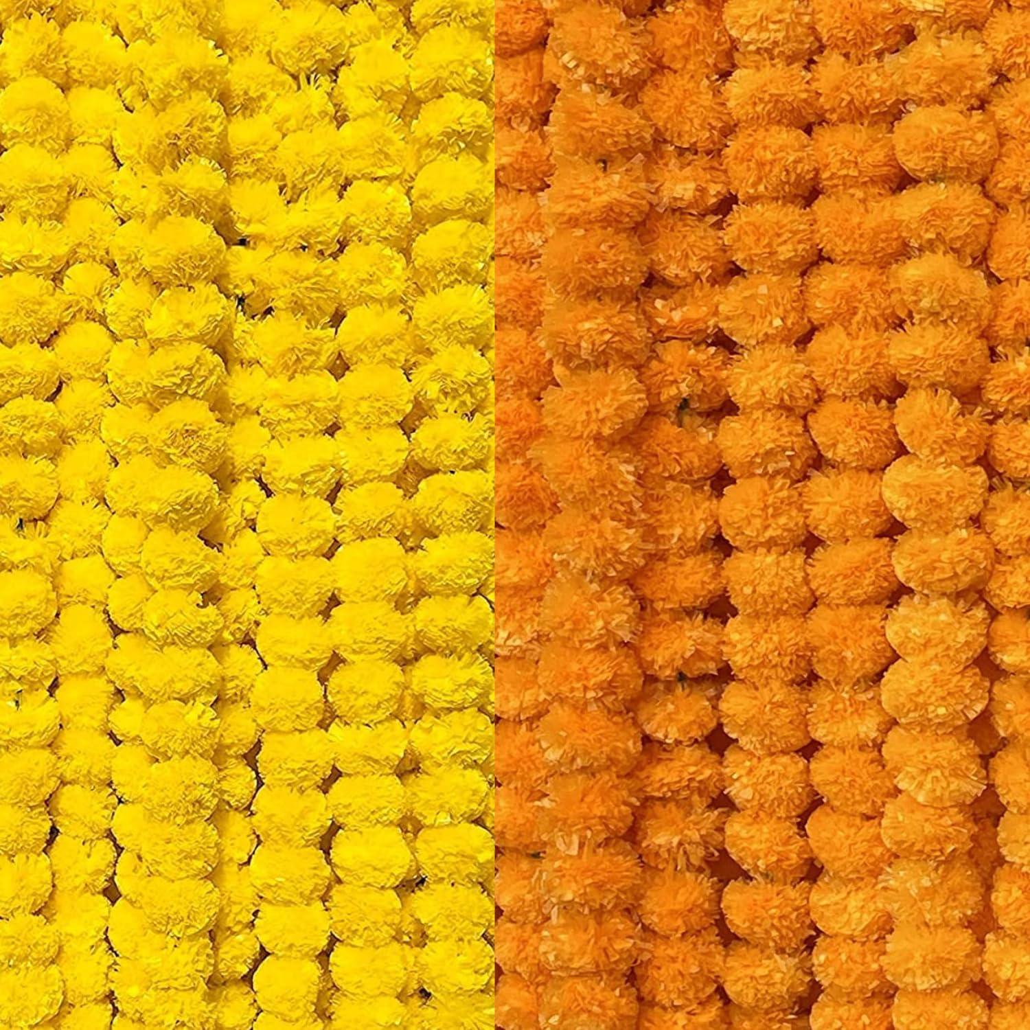 DRYPHON Artificial Flowers for Decoration,Marigold Garlands Decoration,Diwali Items for Home Decor,Pooja Room Decorations,Ganpati Combo Pack of 10 (5 Orange & 5 Yellow),54 Inches