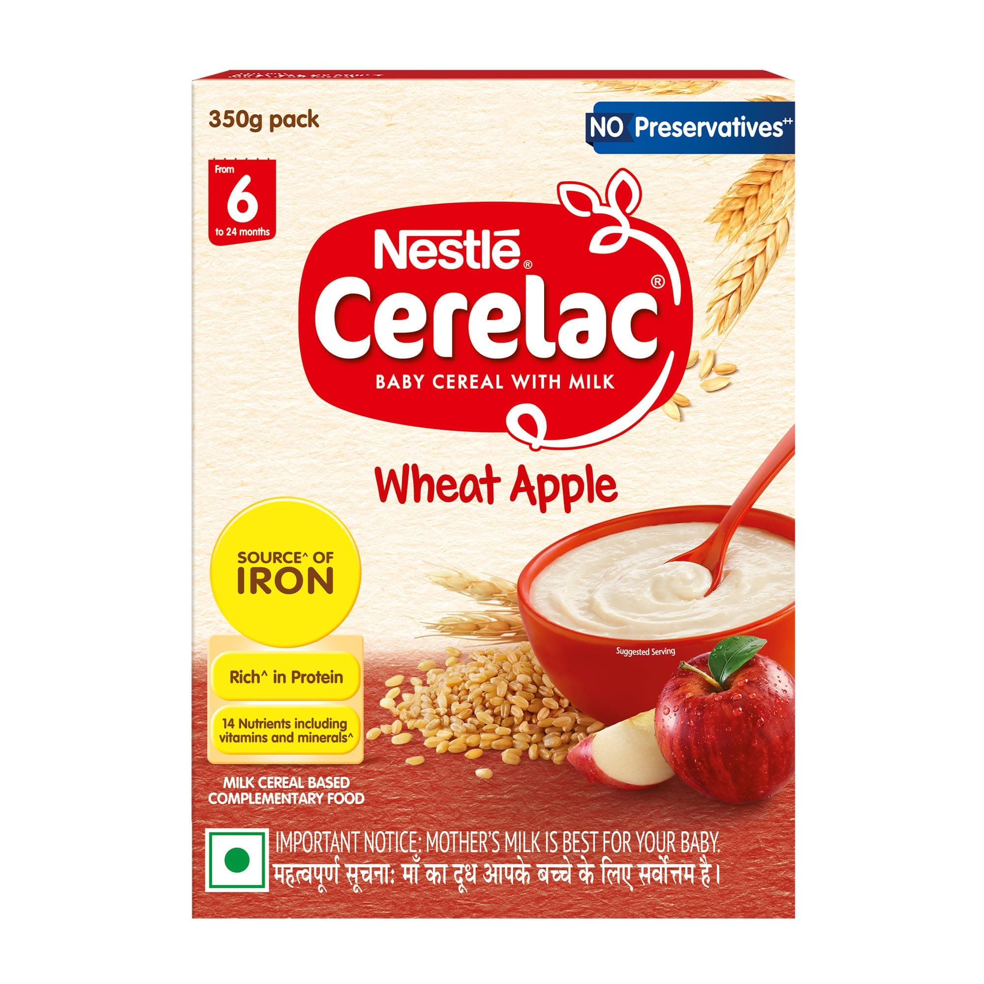 CERELAC Baby Food Cereal | No Preservatives | Wheat Apple for 6 to 24 Months Baby | Source of Iron & Protein for Babies | Instant Cereal | 350g / 360 g (Weight may vary upwards)