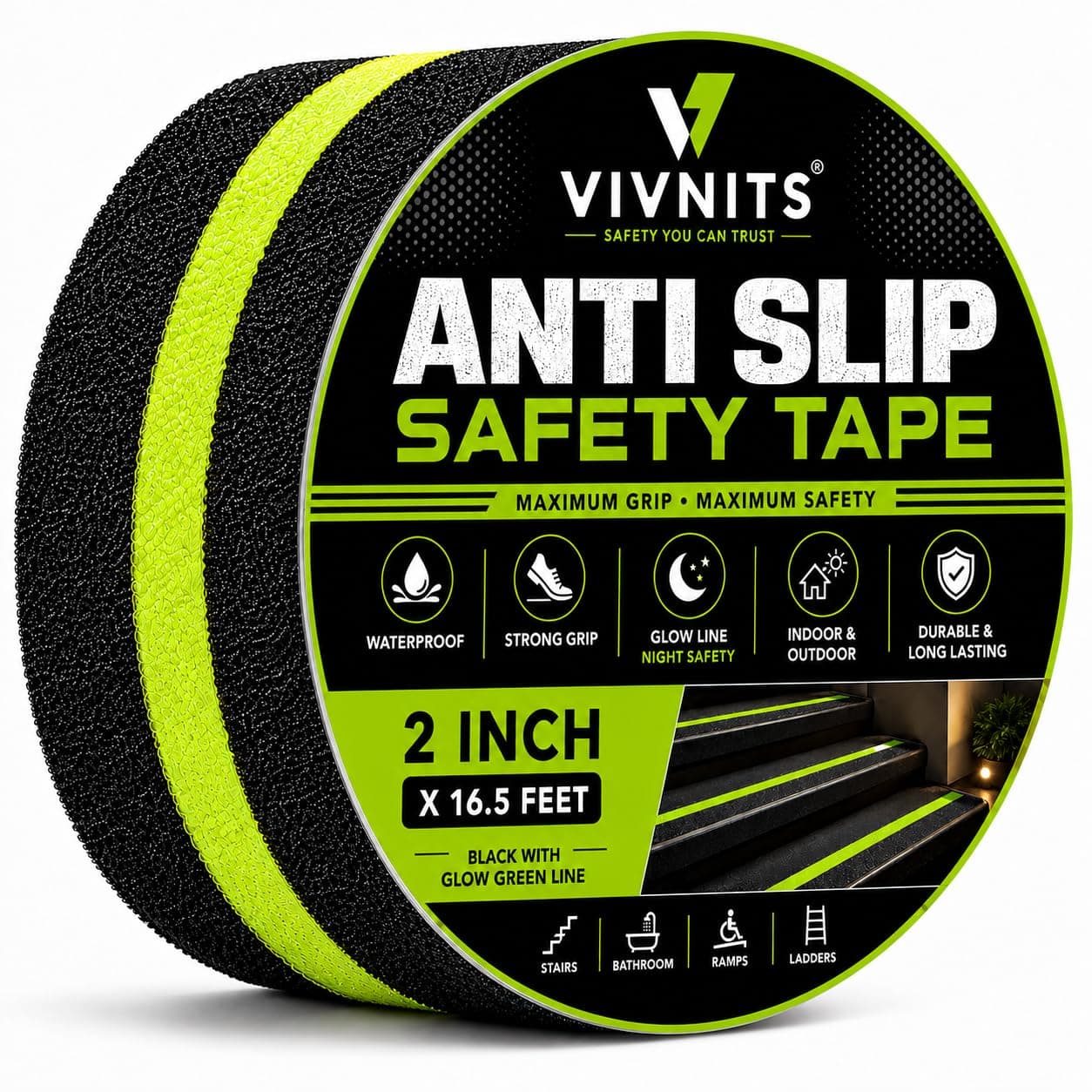 Anti Slip Tape for Stairs Waterproof, Heavy Duty Anti Skid Grip Tape for Bathroom Floor, Tiles & Granite Steps, Glow in The Dark Radium Safety Tape for Staircase, Non Slip (2Inch X 5meter) (Pack OF 1)