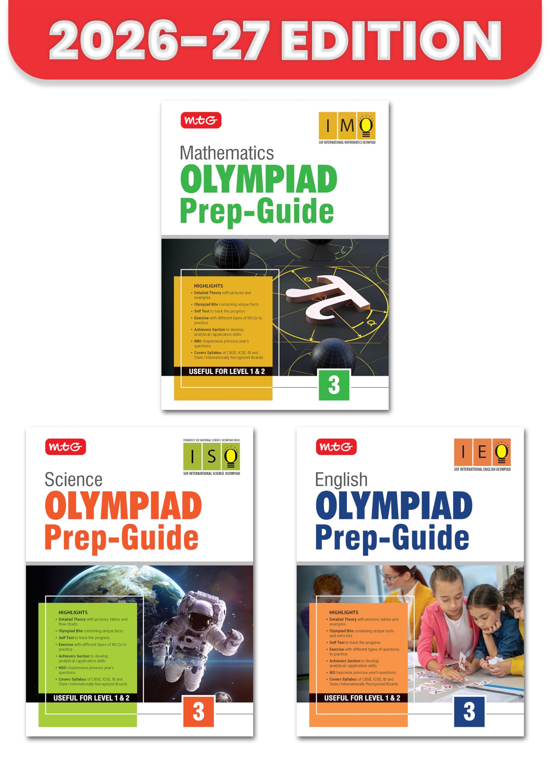 MTG Olympiad Prep Guide Class 3 Mathematics, Science & English (IMO-ISO-IEO) | Detailed Theory, Exercise with Self Test For Practice | SOF Olympiad Books For Exam 2026-27 (Set of 3 Books)