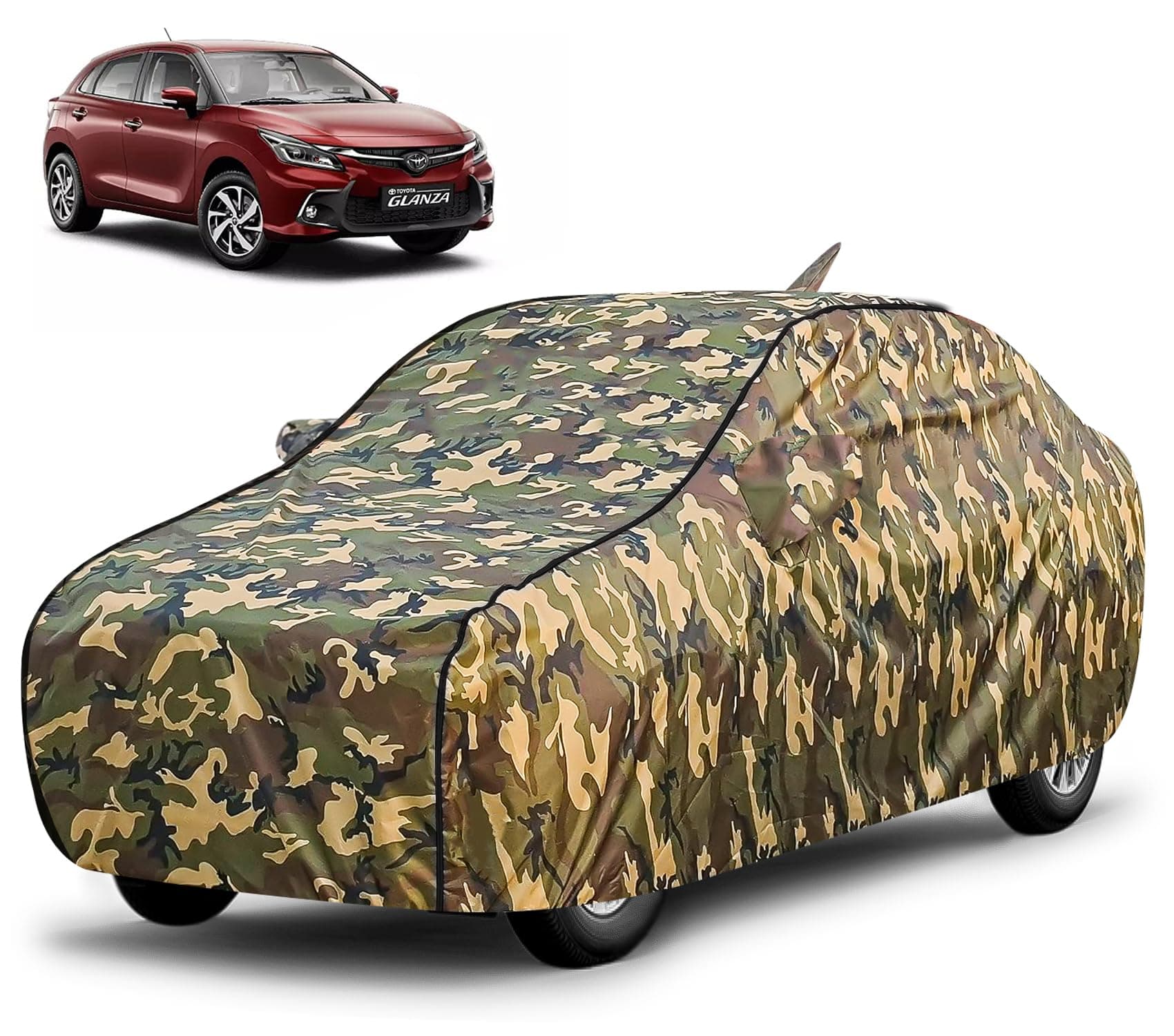 FABTEC Waterproof Car Body Cover for Toyota Glanza New with Mirror and Antenna Pocket, Triple Stitched (Military, Jungle Print, Camouflage Design)