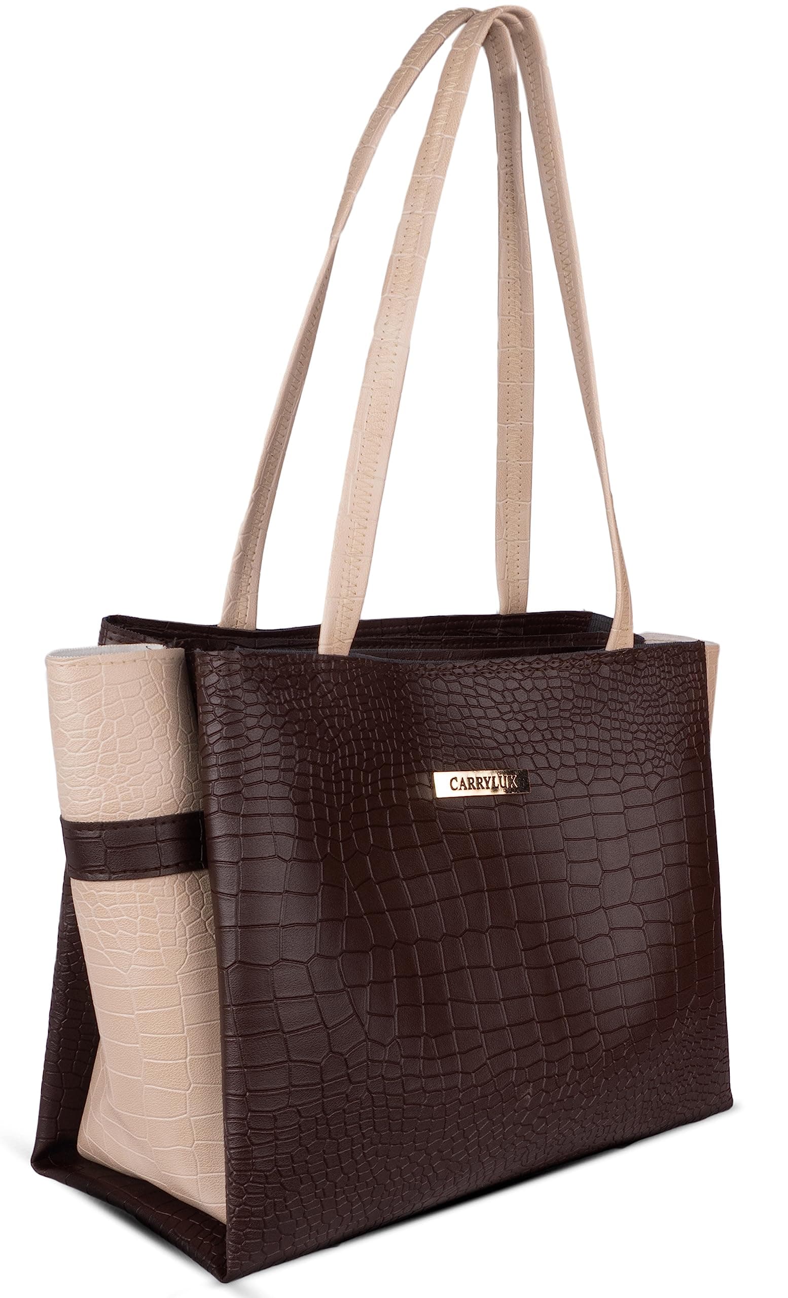 Carrylux Dual Tone Large Capacity Croco Pattern Tote Handbags Purses Shoulder Bag For Womens (Chocolate)
