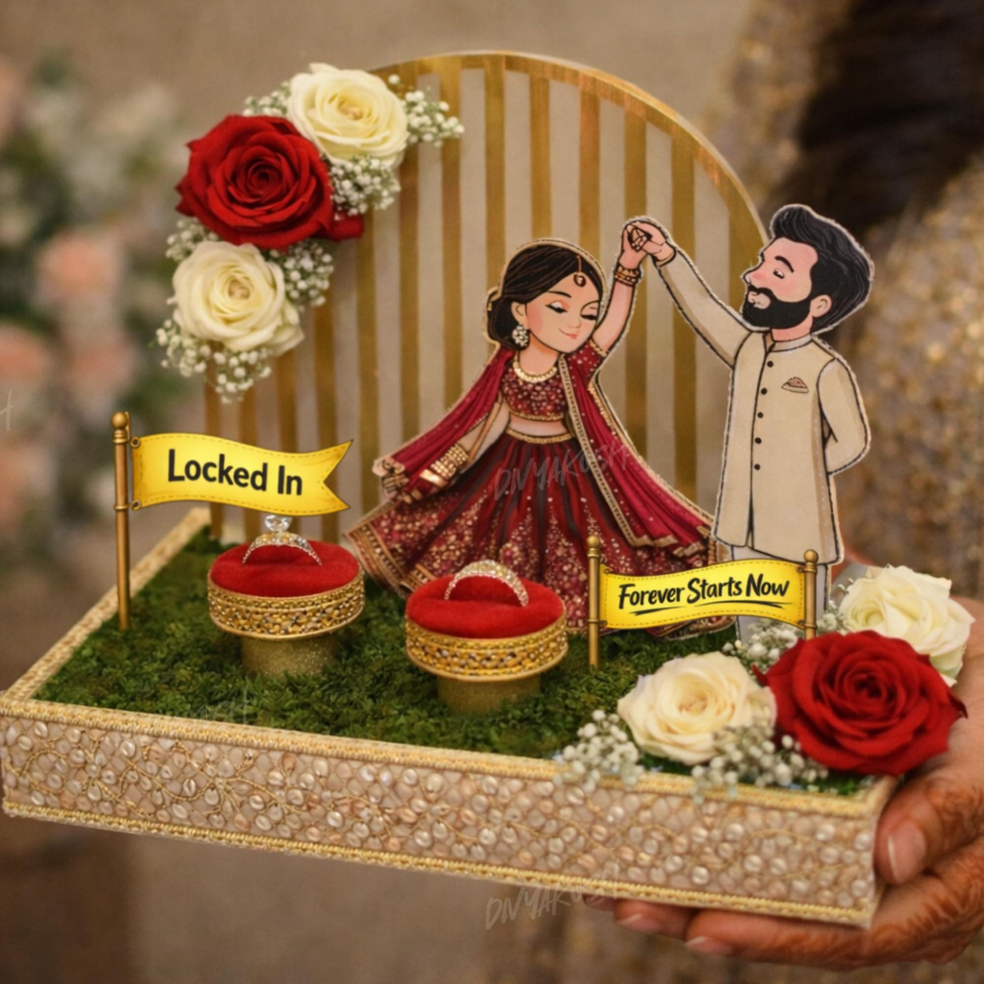 Divyakosh Wedding Platter for Marriage | DIY Ring Ceremony Tray Set with Bride Groom Cutout, MDF Decor, Ring Holders, Floral Tray, Banner & Accessories Kit