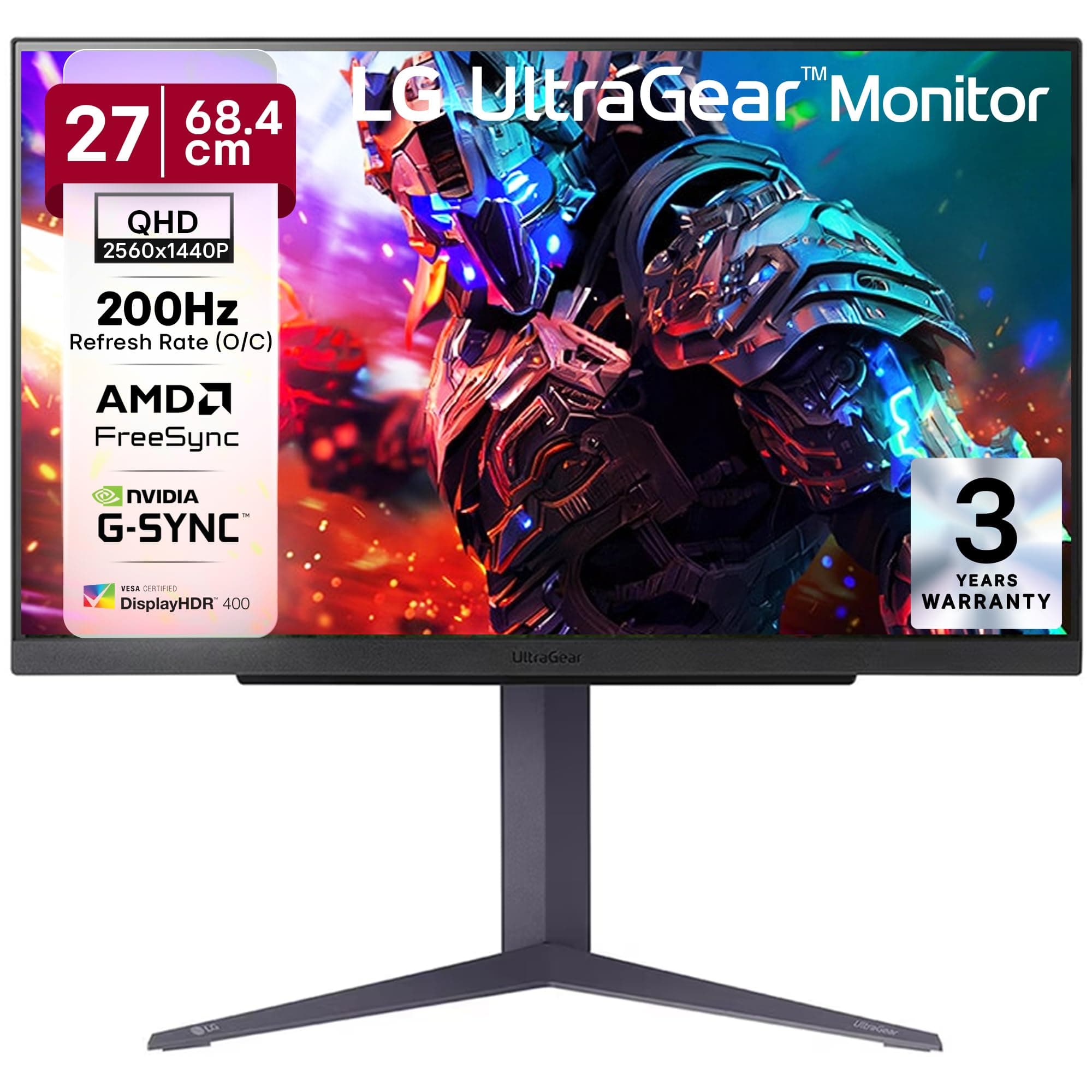 LG 27GS85Q Ultragear Gaming Monitor, 27", QHD, 2560 x 1440, Nano IPS, 1ms (GtG), 180Hz, NVIDIA G-SYNC Compatible, AMD FreeSync, HDR 400, Tilt/Height/Pivot Stand, HDMI, DP, HP Out, Black