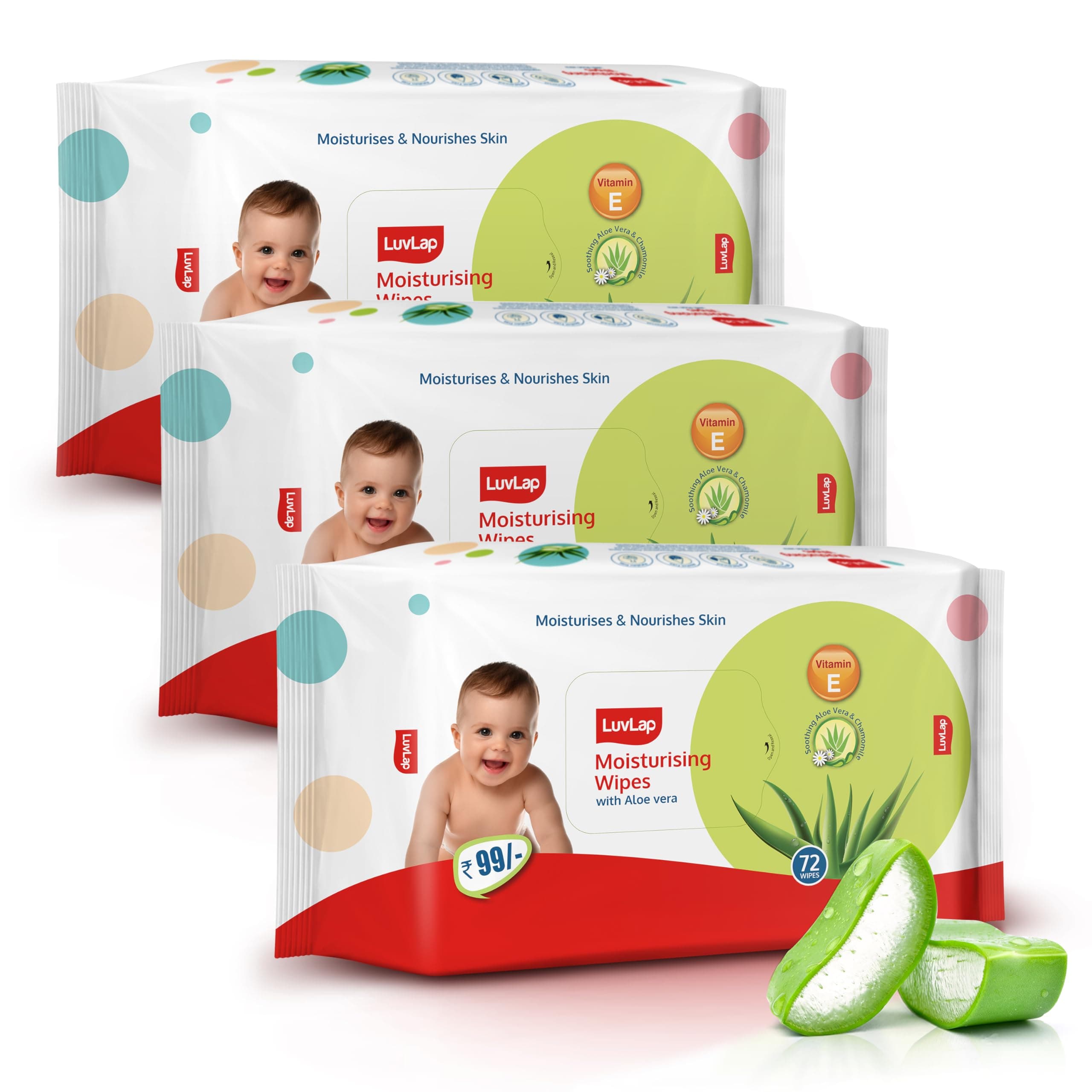 LuvLap Moisturising Wet Wipes without Lid For Baby Skin, Enriched with Aloe Vera, Vitamin E & Chamomile Extract, pH Balanced, Dermatologically Safe, Paraben & Sulphate Free, 72 Wipes, pack of 3