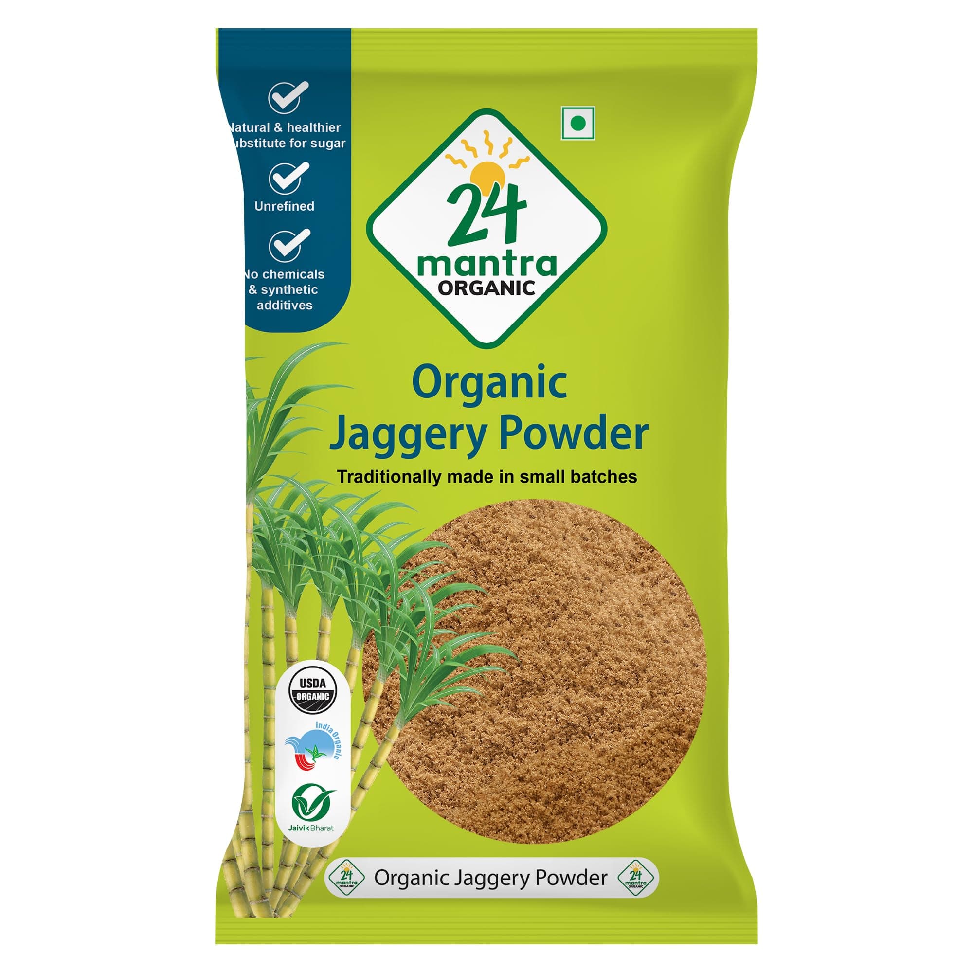 24 Mantra Organic Unbleached Jaggery Powder 500 gms, Healthy Sugar Substitute, Unrefined & Unadulterated | Certified Organic & Chemical Free