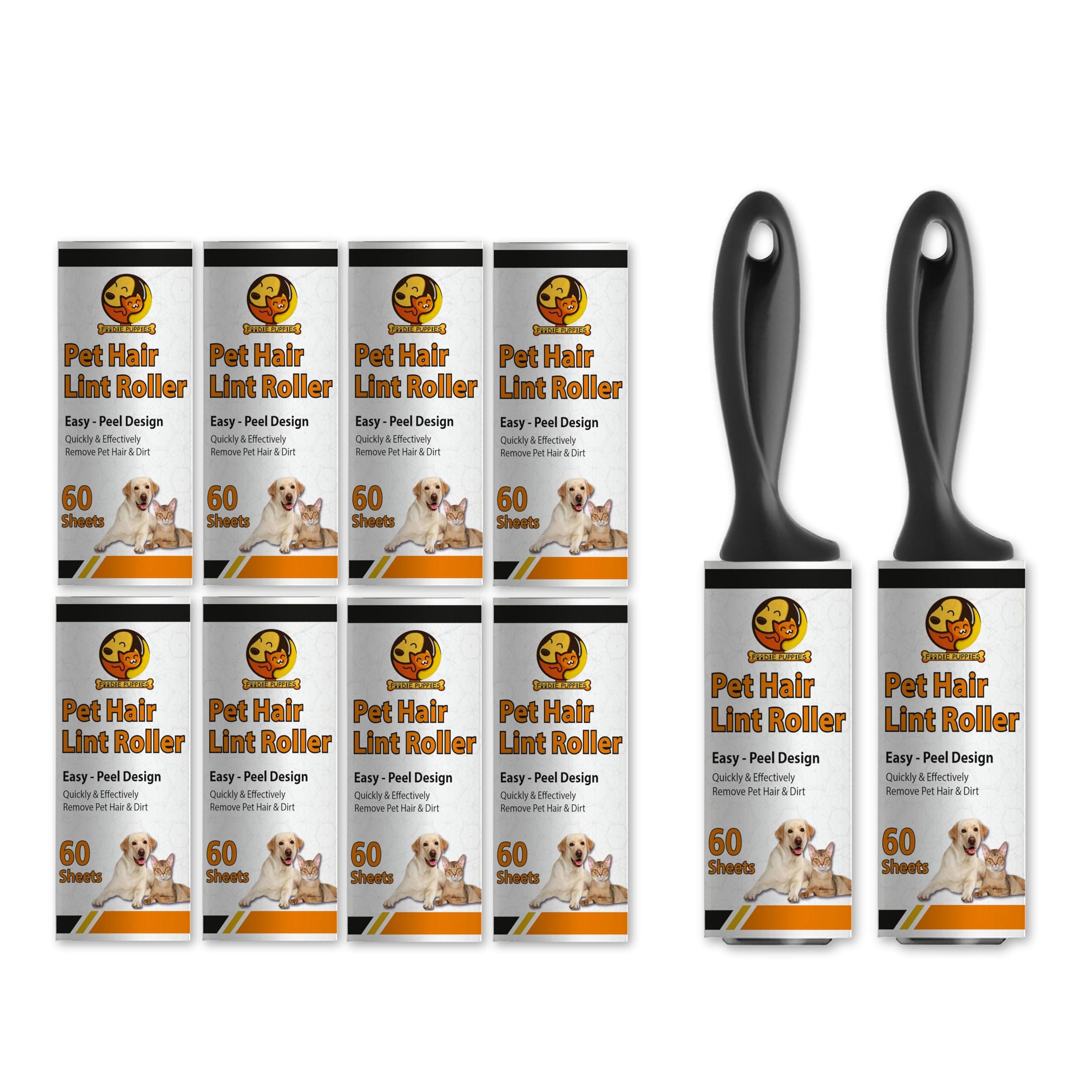 Foodie Puppies Pet Hair Remover 2 Lint Roller with Handle and 8 Refills (600 Sheets), Hair Remover for Dogs and Cats, Ideal for Clothes, Furniture, Coats, Car Seats, Carpets, Fabric, and Dust Cleaning
