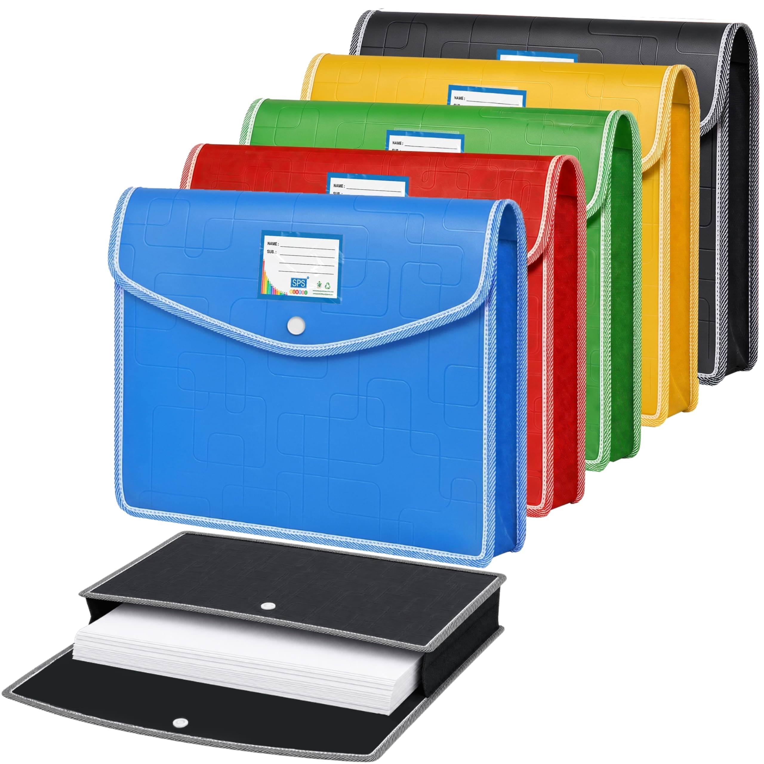 SPS File Folder, Opaque Poly-Plastic A4/Foolscap Documents File Storage Bag with Snap Button, Set of 5 (Multicolor)