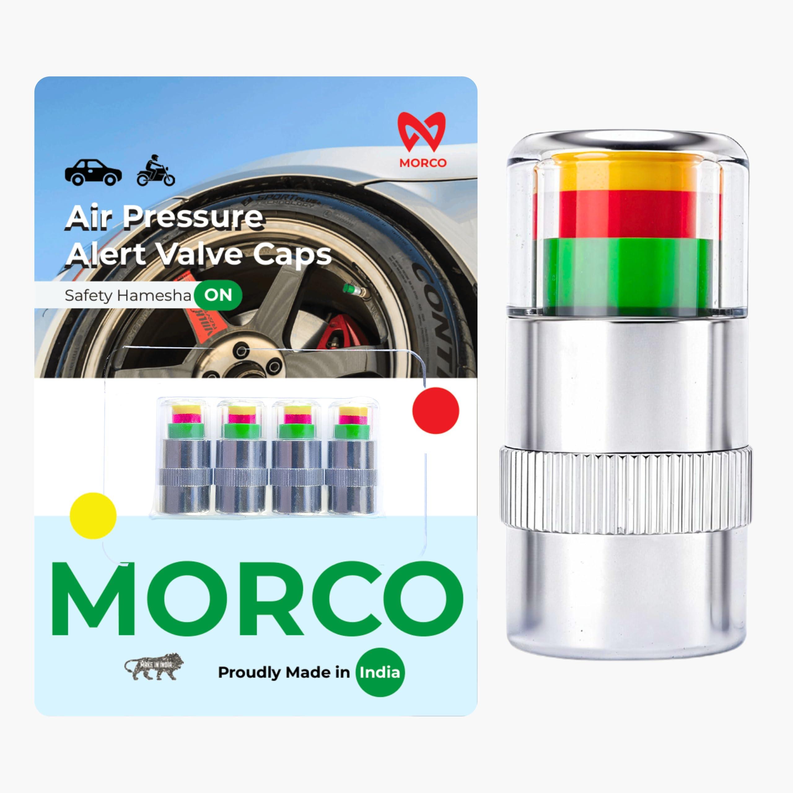 Morco Air Pressure Alert Valve Caps for Tyres (Set of 4) | Anti-Rust Brass Core | Color Coded Visual Indicator (28-36 PSI Range) | Low Pressure Warning Sensor for Car SUV & Bike | Universal Fit