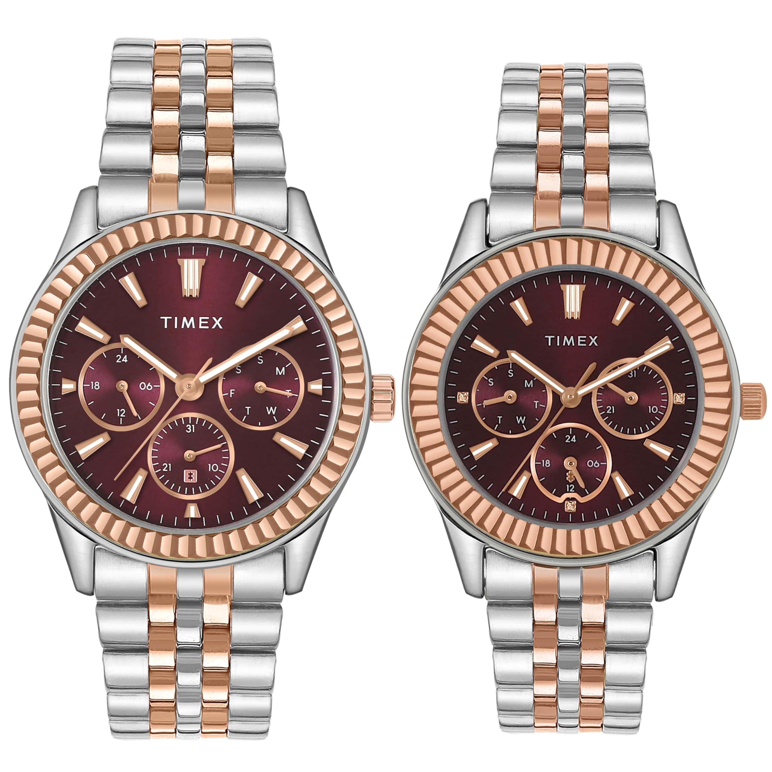 TIMEX Analog Watch for Unisex with Burgundy Round Dial & Multicolor Stainless Steel Bracelet Band Water Resistant Unisex Wrist Watches - TW0PRE003