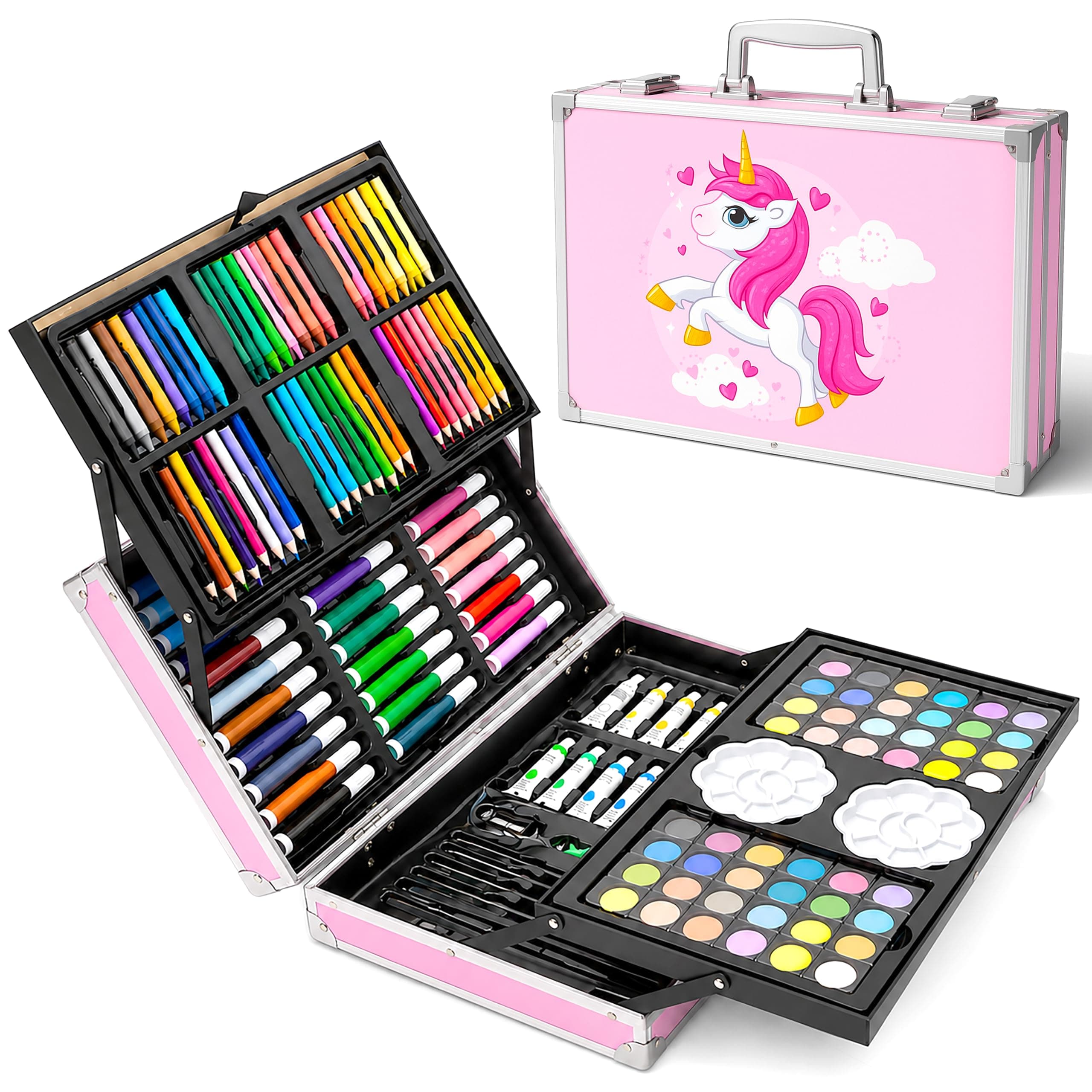 VGRASSP 100+ Pcs Unicorn Theme Drawing and Painting Kit Toy for Kids, Boys, Girls - Portable School Stationery Set with Colors, Watercolors, Color Pencils, Sketch Pens - Pink