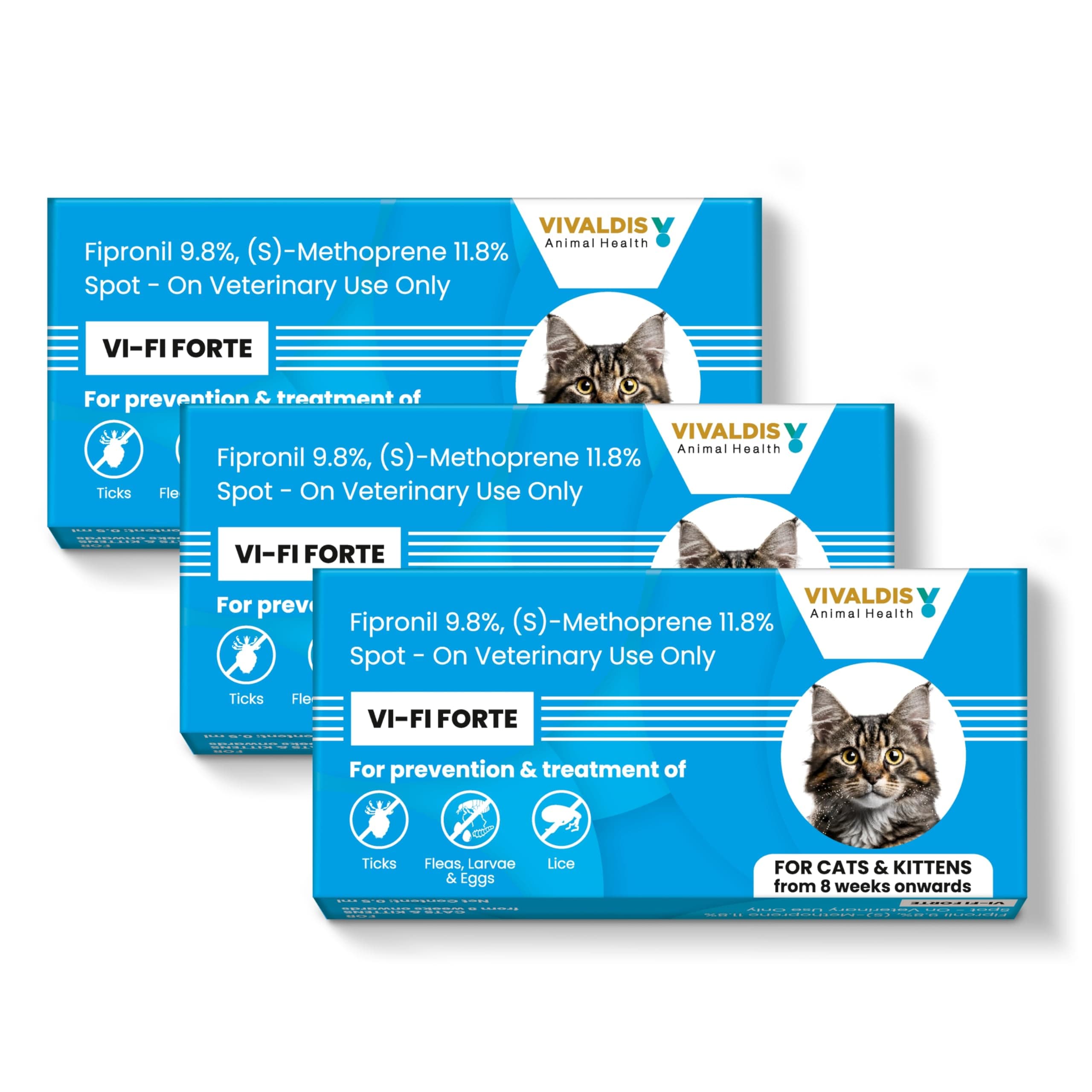 Vivaldis Vifi Forte - Spot On for Cats & Kittens,Ticks & Flea Prevention, Monthly Treatment from Chewing Lice, Anti-tick Solution 0.5ml (Pack of 3)