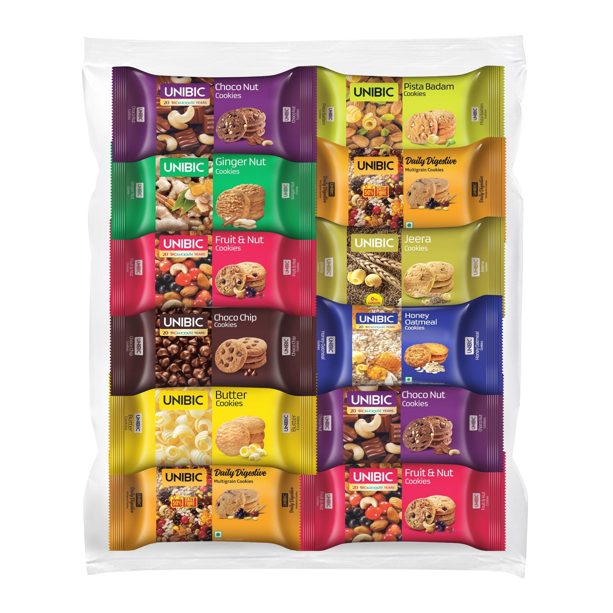 Unibic Cookies,Assorted Cookies,67.5 G/75G (Pack Of 12)|Biscuits Combo Pack|Choco Chip |Butter |Fruit & Nut ||Honey Oatmeal I Cashew I Jeera I 810G / 900G Weight May Vary