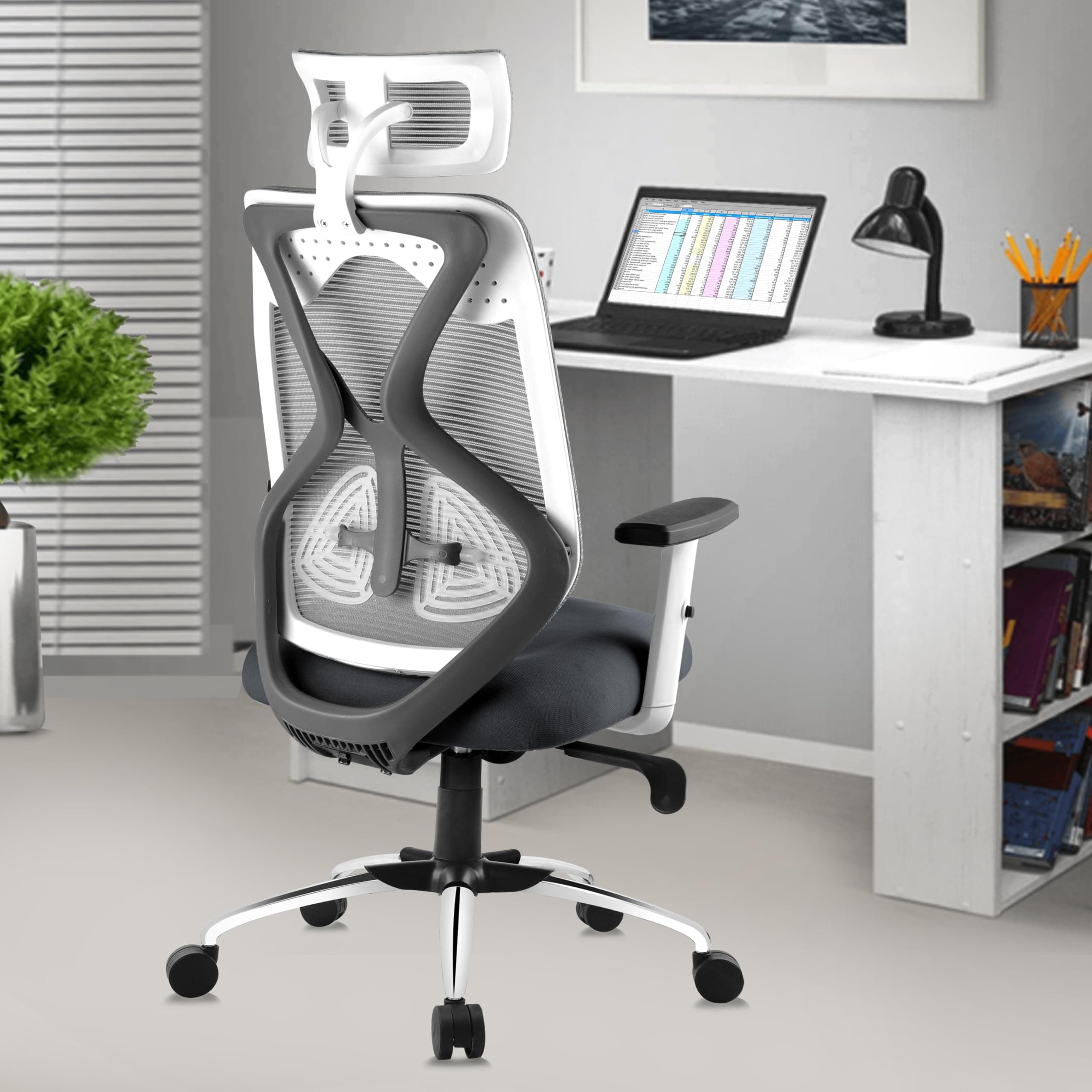 ASTRIDE Ergofit Ergonomic Office Chair for Home | BIS Certified | 2D Headrest, Adjustable Arms & Lumbar Support | Tilt Lock Mechanism DIY [Grey-White]