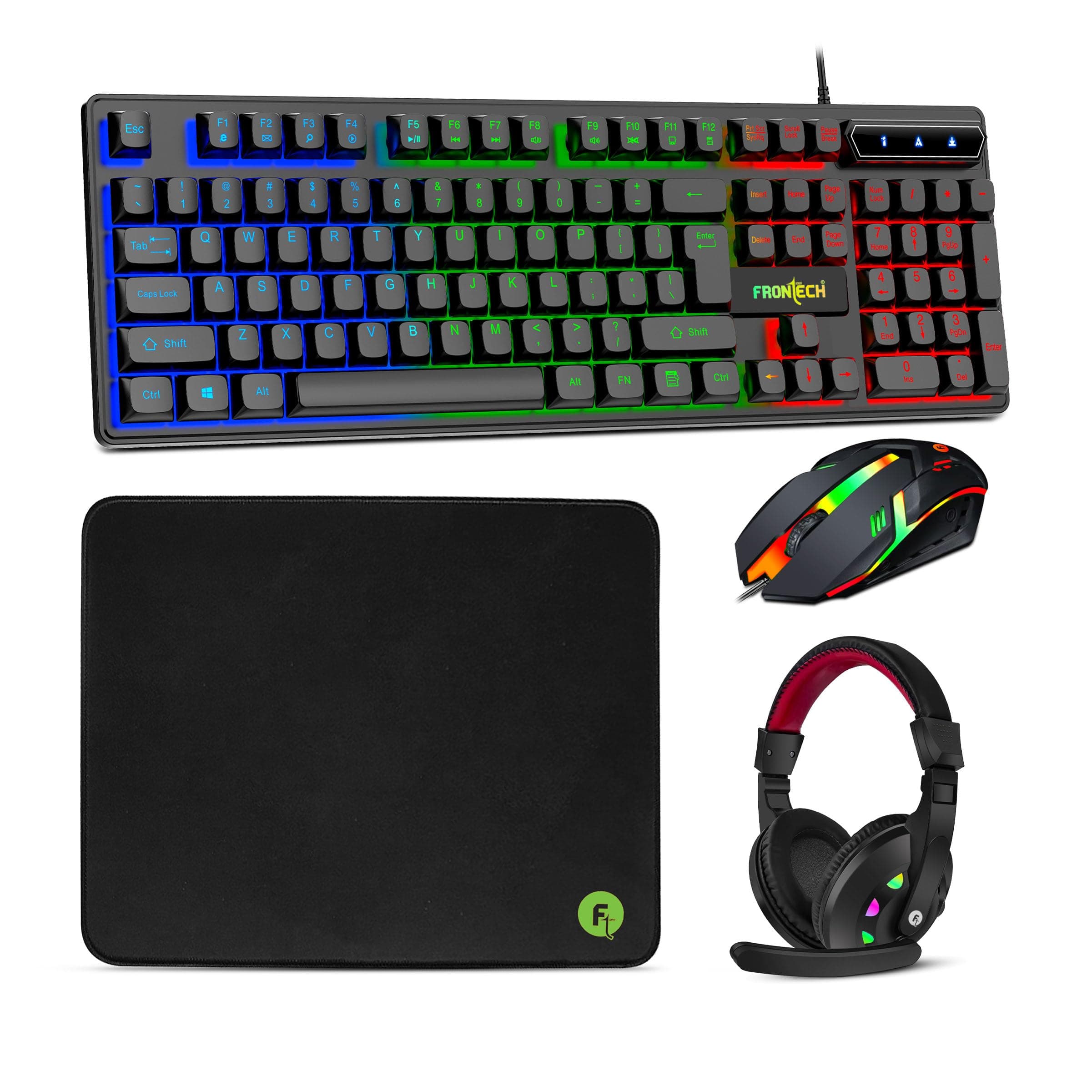 FRONTECH Dragon Warrior 4 in 1 Gaming Combo Set of Gaming Keyboard with RGB LED Backlit, Mouse with 1200 DPI, Mousepad and Premium Gaming Headphone, (KB-0038P, Black)