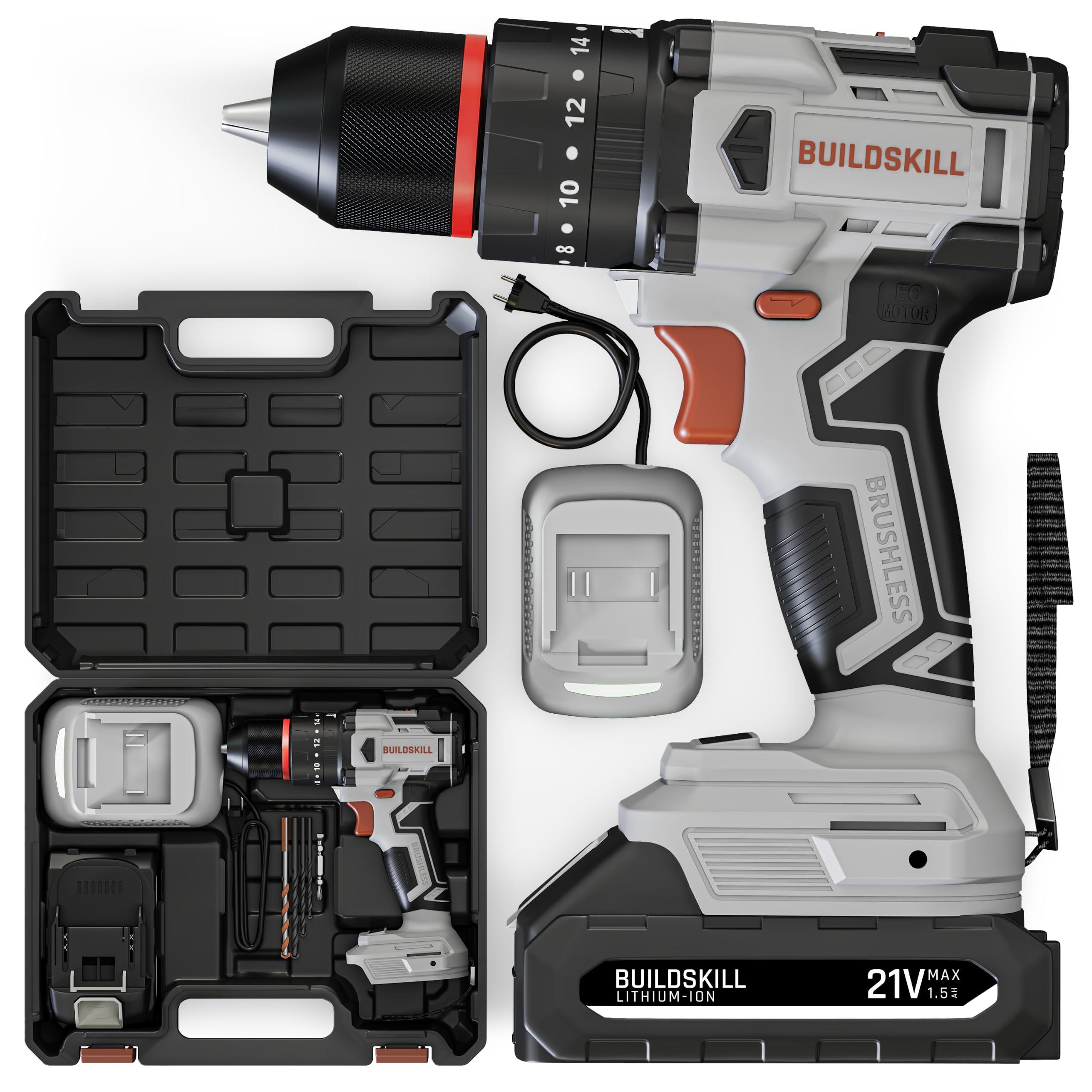 BUILDSKILL 55 PCs - 21V 40NM Brushless Impact Cordless Drilling Machine | Copper Motor | 2-Speed 400/1400 RPM | 10mm Metal Keyless Chuck |1.5Ah Battery | 55 PCs Drill Bit Set | Professional & DIY Use