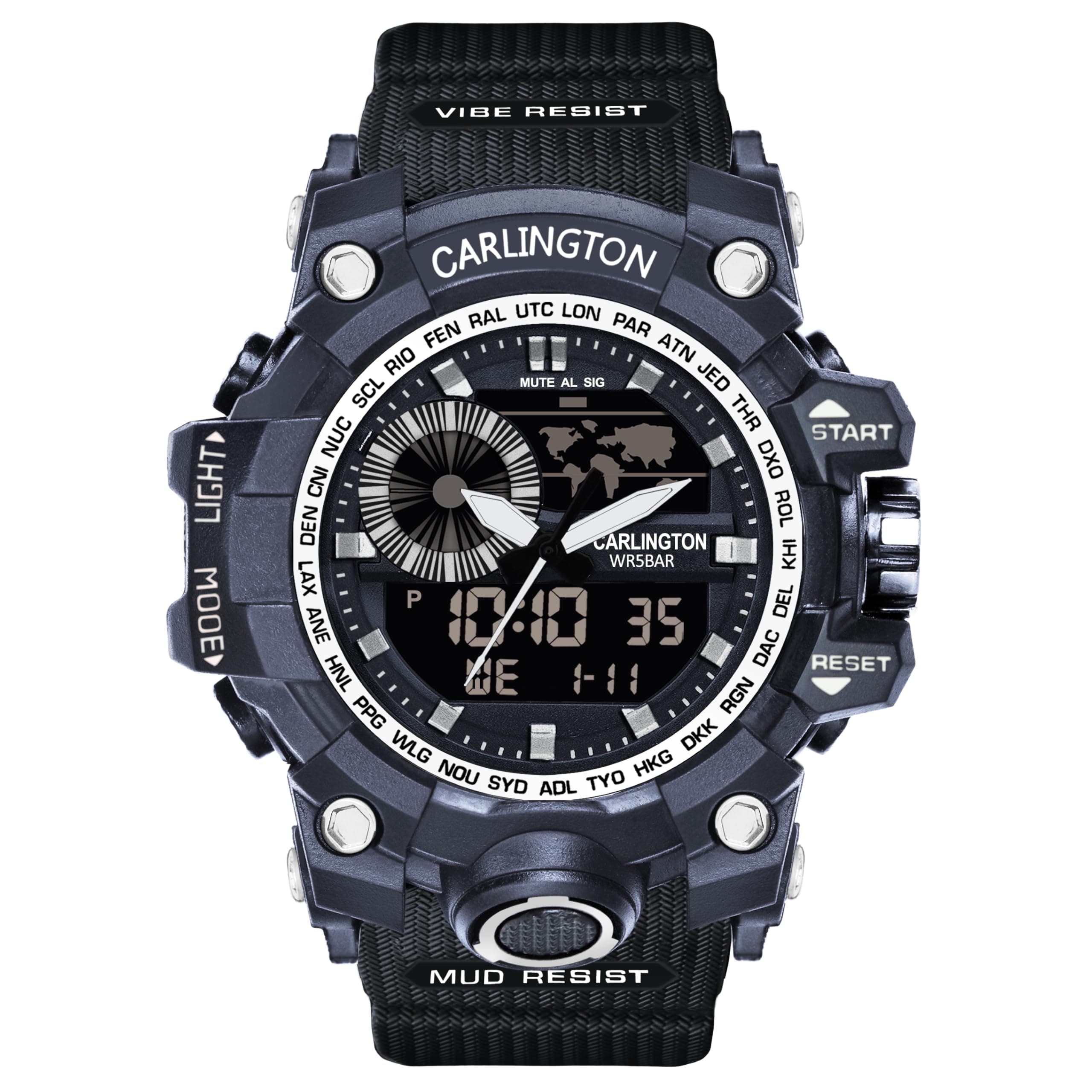 Carlington Resin Analog-Digital Sports Watch Chronograph,Dual Time,Alarm,Stopwatch,Water-Resistant,Shock-Resistant,Back Light Display- The Perfect Watch for Men&Boys-Ct3388 (Black Dial&Band)
