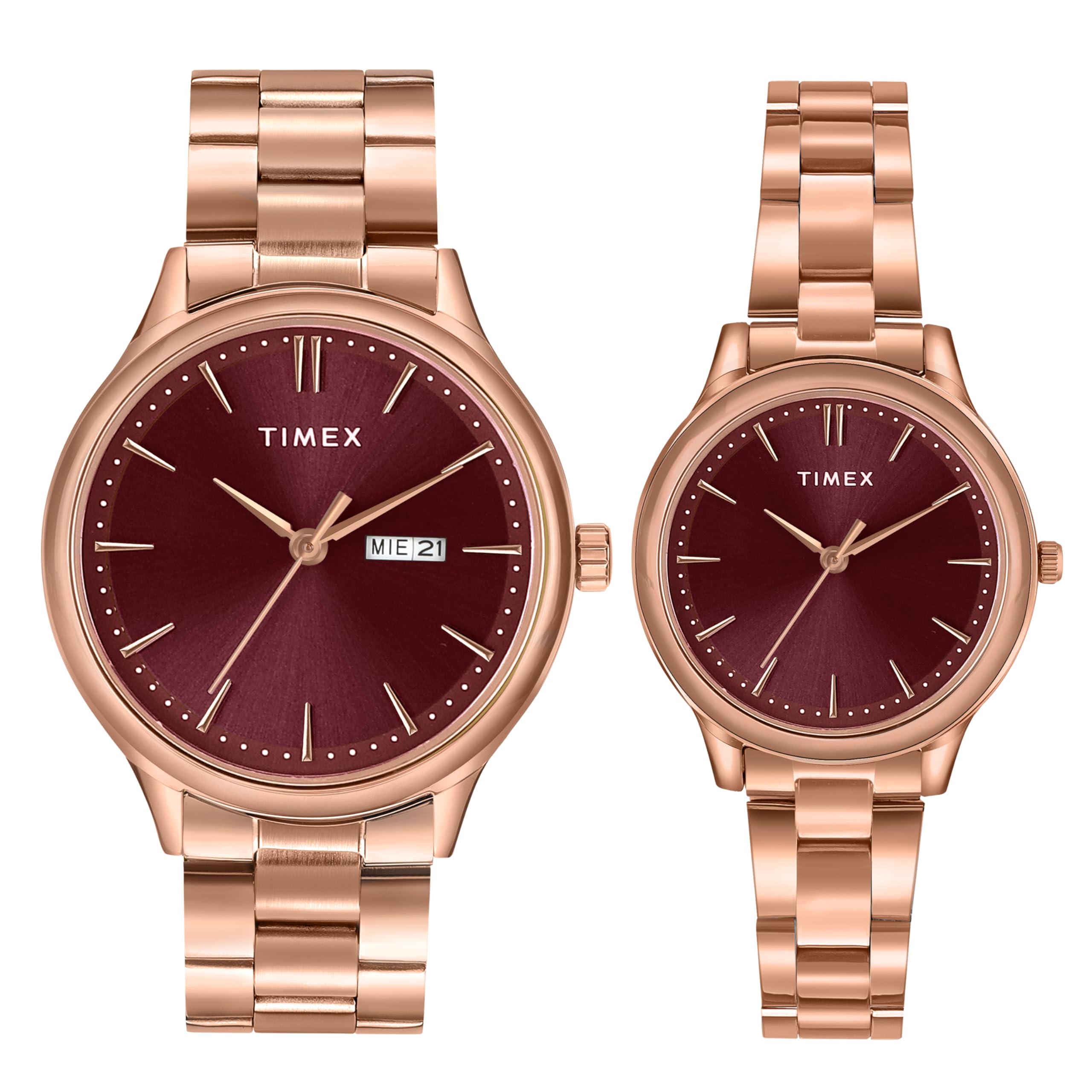 TIMEX Analog Watch for Couple with Burgundy Round Dial & Rose Gold Stainless Steel Bracelet Band Water Resistant Pair's Wrist Watches - TW00ZP005