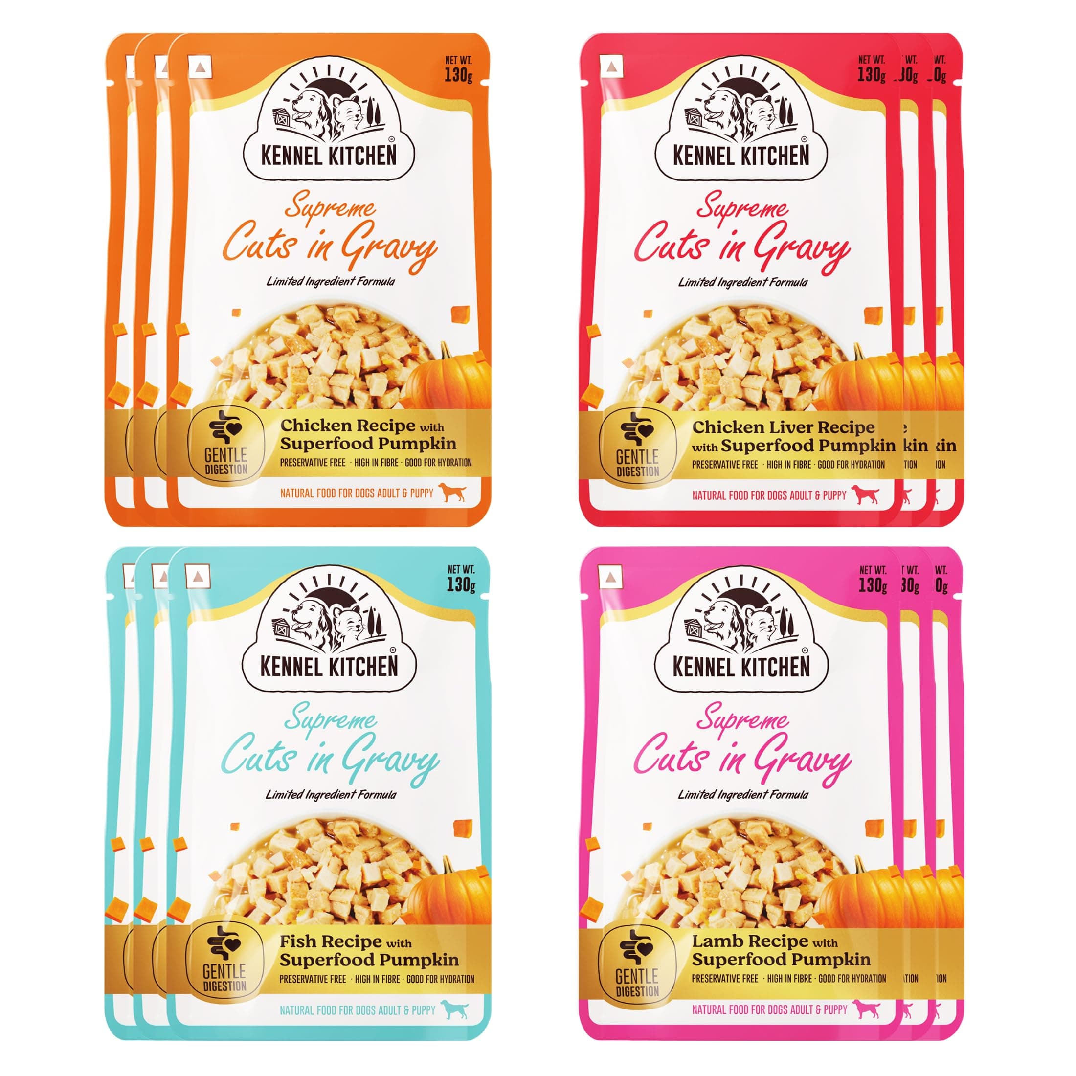 Kennel Kitchen Supreme Cuts in Gravy Variety Pack, 130g (Pack of 12) | Chicken, Chicken Liver, Lamb and Fish Recipe | Wet Dog Food for Adult and Puppy