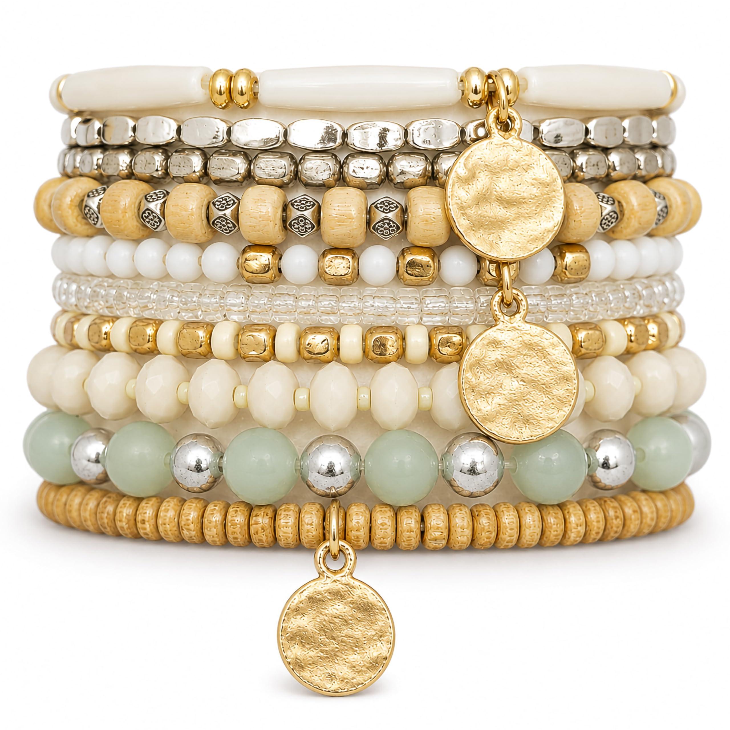 BOHENOOR Bohemian Beads Bracelet Set for Women and Girls – Stylish Stackable Boho Bracelets for Women, Aesthetic Hand Jewelry (White Gold)
