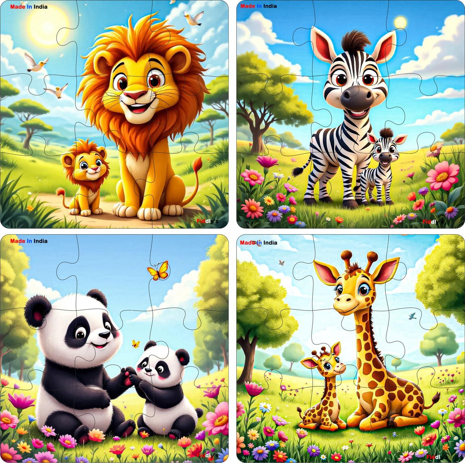 Fiddlys Single Layered Wooden Jigsaw Puzzle Games for Children & Kids -9 Pieces Age 2 3 4 5 6 Year Old Years Old Girls & Boys Animals Jigsaw Puzzle (Pack of 4 Wild Animal)