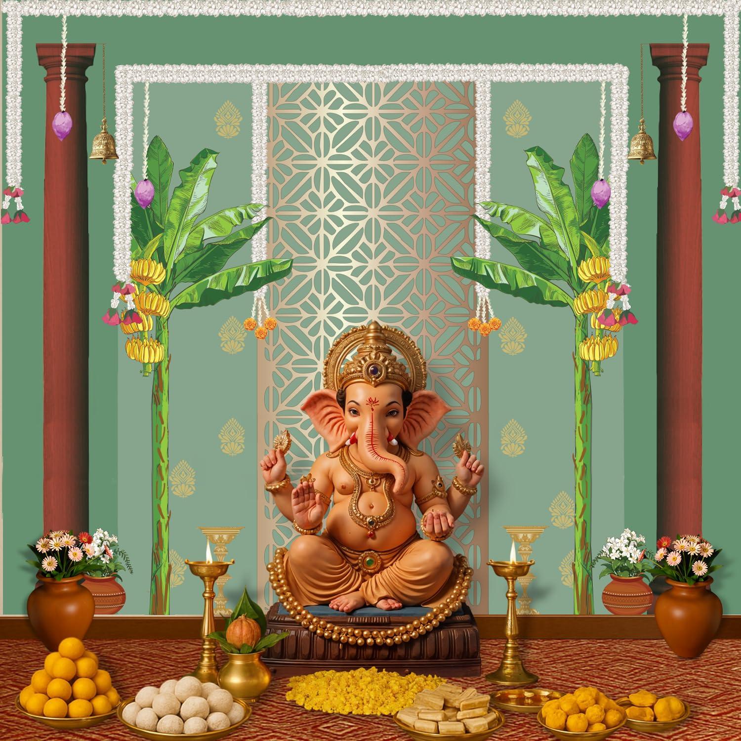 Party Propz Traditional Backdrop Decoration Cloth -1Pc 8ft*5ft Ganpati Decoration Setup for Home,Varalakshmi Pooja Decorations Items, Krishna Janmashtami Decorations, Haldi Decor, Annaprasana Decor