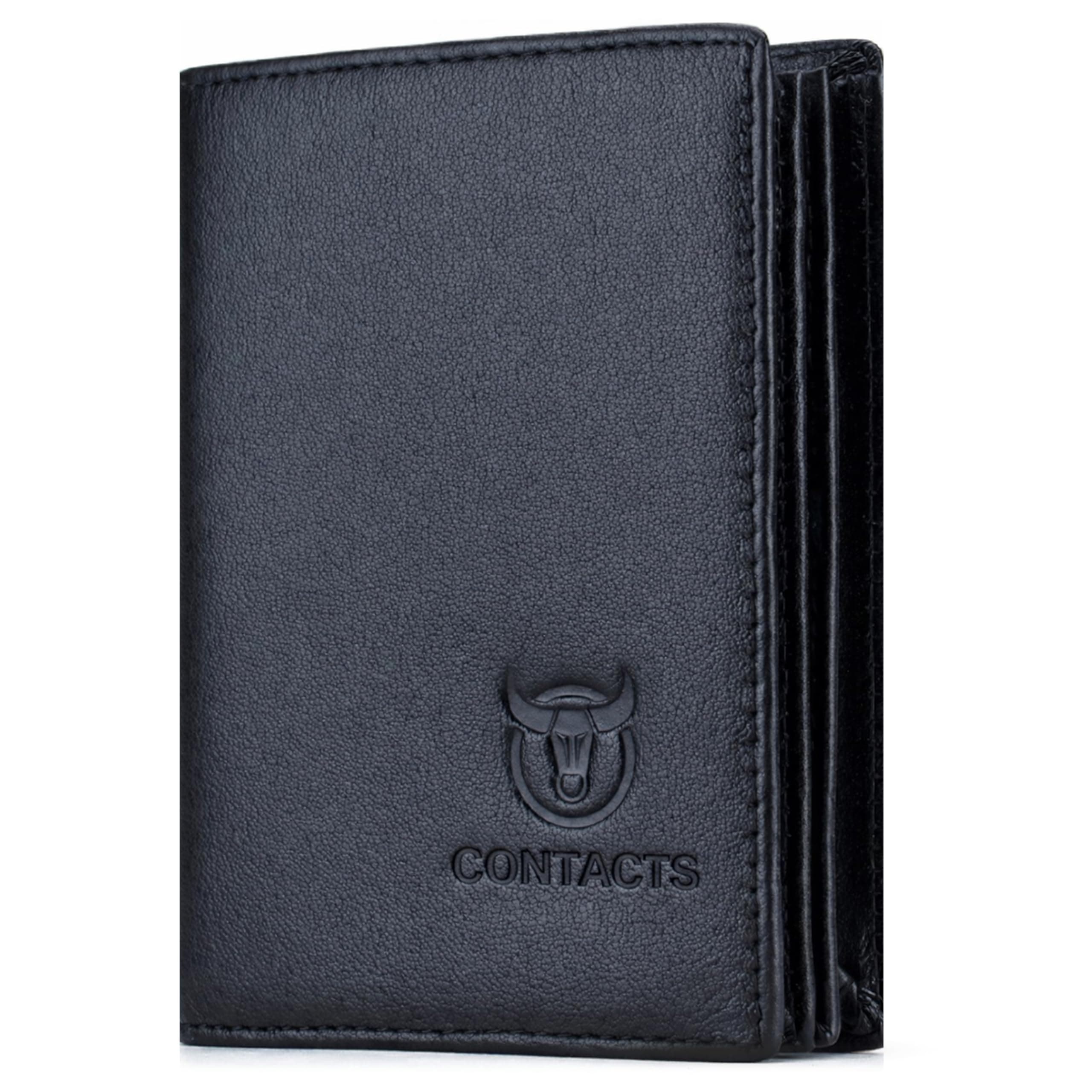 Contacts Men's Genuine Leather RFID Blocking Wallet | Bi-Fold Wallet for Men | Up to 15 Card Slots & 1 ID Window | Large Capacity Can Hold 50 Currency Notes | Black