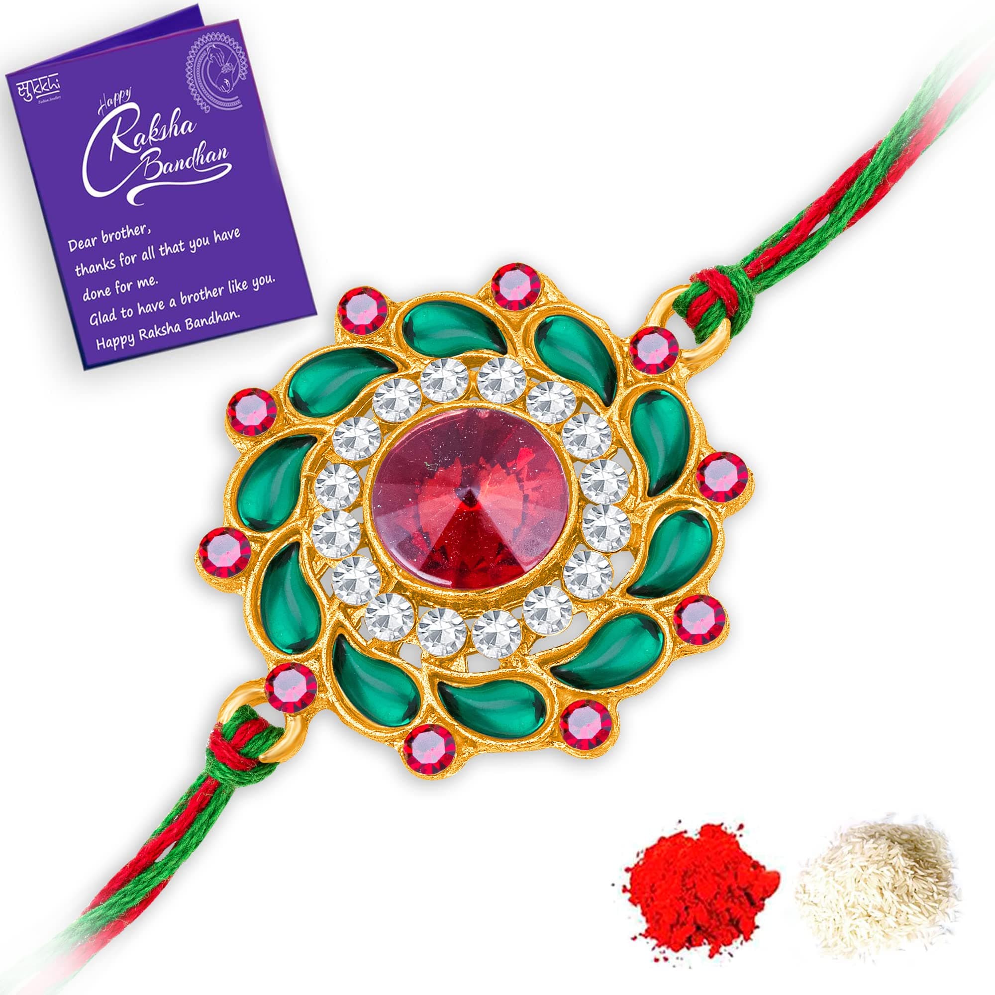 Sukkhi Mens Rakhi for Brother Handcrafted Kundan Designer Gold Plated with Roli Chawal & Greeting Card|RAK104495