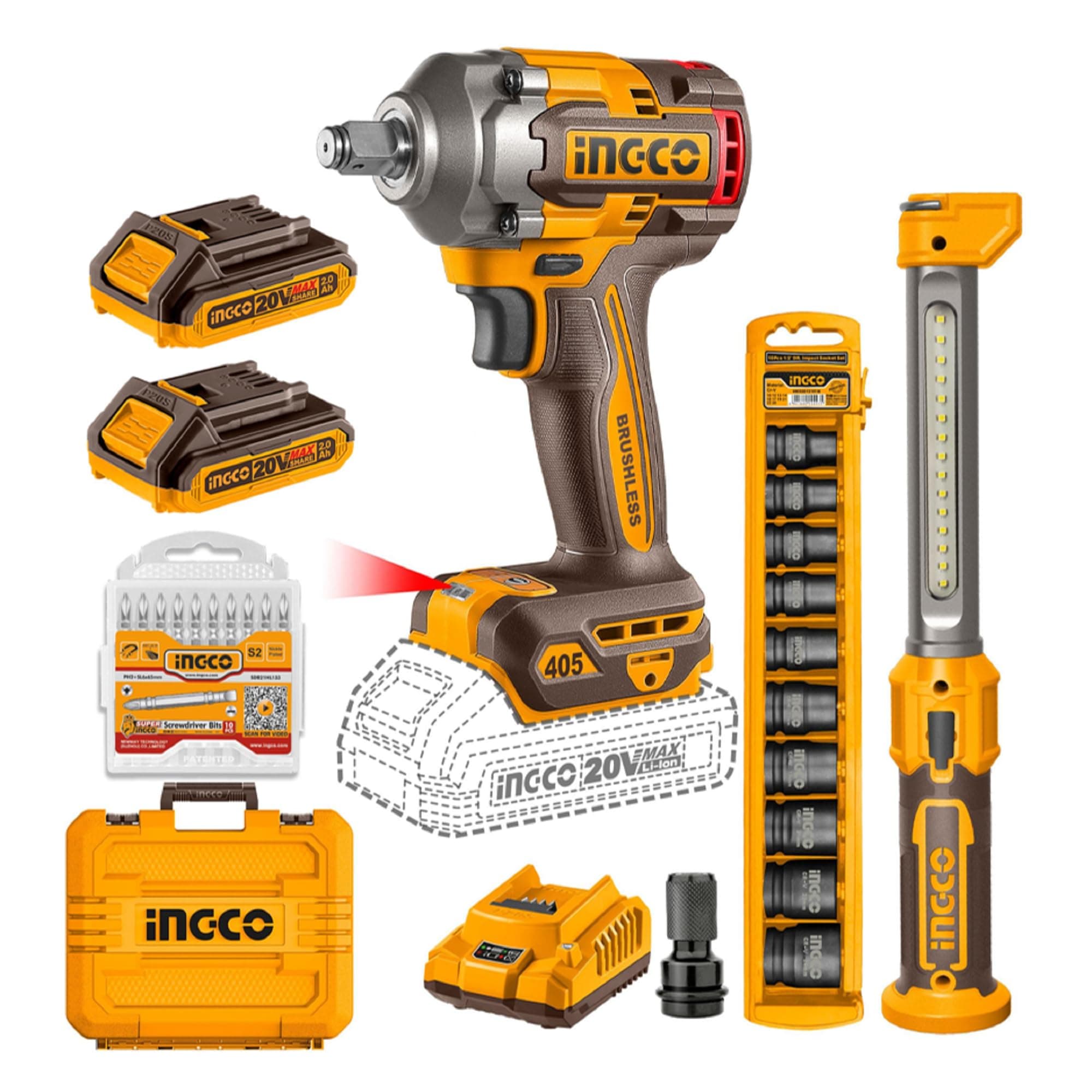 Ingco 20V Cordless Impact Wrench 405NM, Variable Speed 2400RPM, With 1Pcs Work Lamp, 2Pcs 2.0Ah Battery And Charger, 10Pcs Socket, 10pcs Screwdriver bits, Packed by Carrying Case