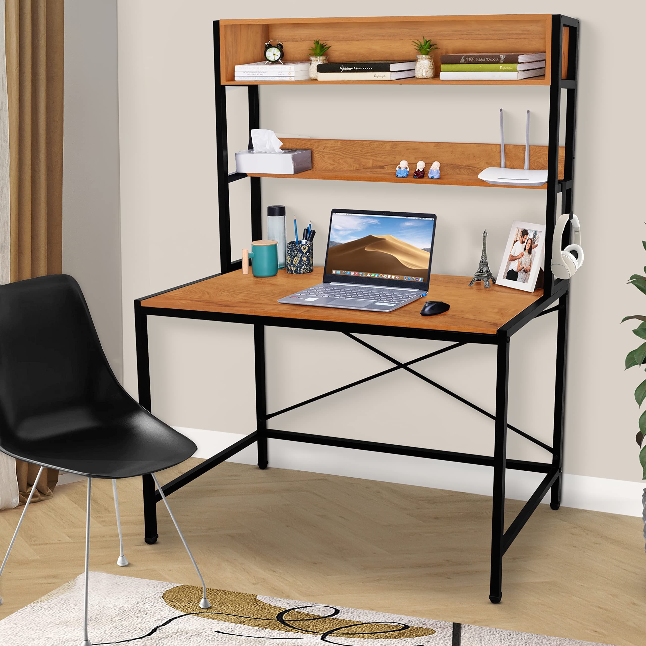 ABOUT SPACE 3 Tier Wooden Office Table with Storage - Office Desk-Computer Table for Gaming, Laptop,PC-Engineering Wood Study Table for Home, Office (L 115 x B 60 x H 157 cm- Wood Colour)