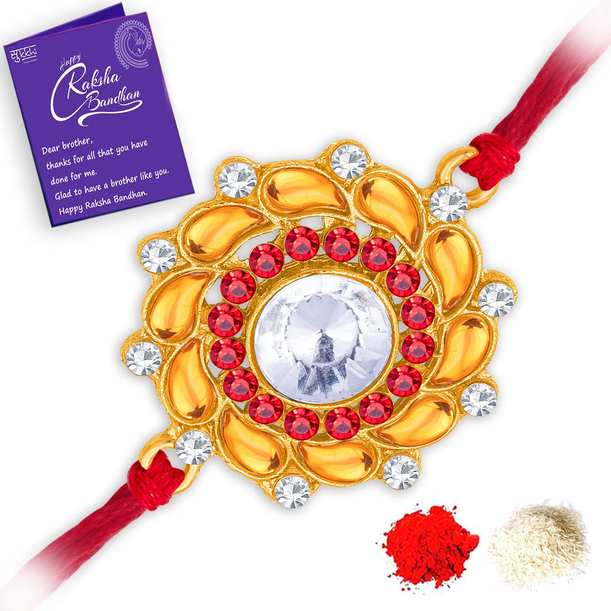 Sukkhi Mens Rakhi for Brother Detailed Kundan Designer Gold Plated with Roli Chawal & Greeting Card|RAK104500
