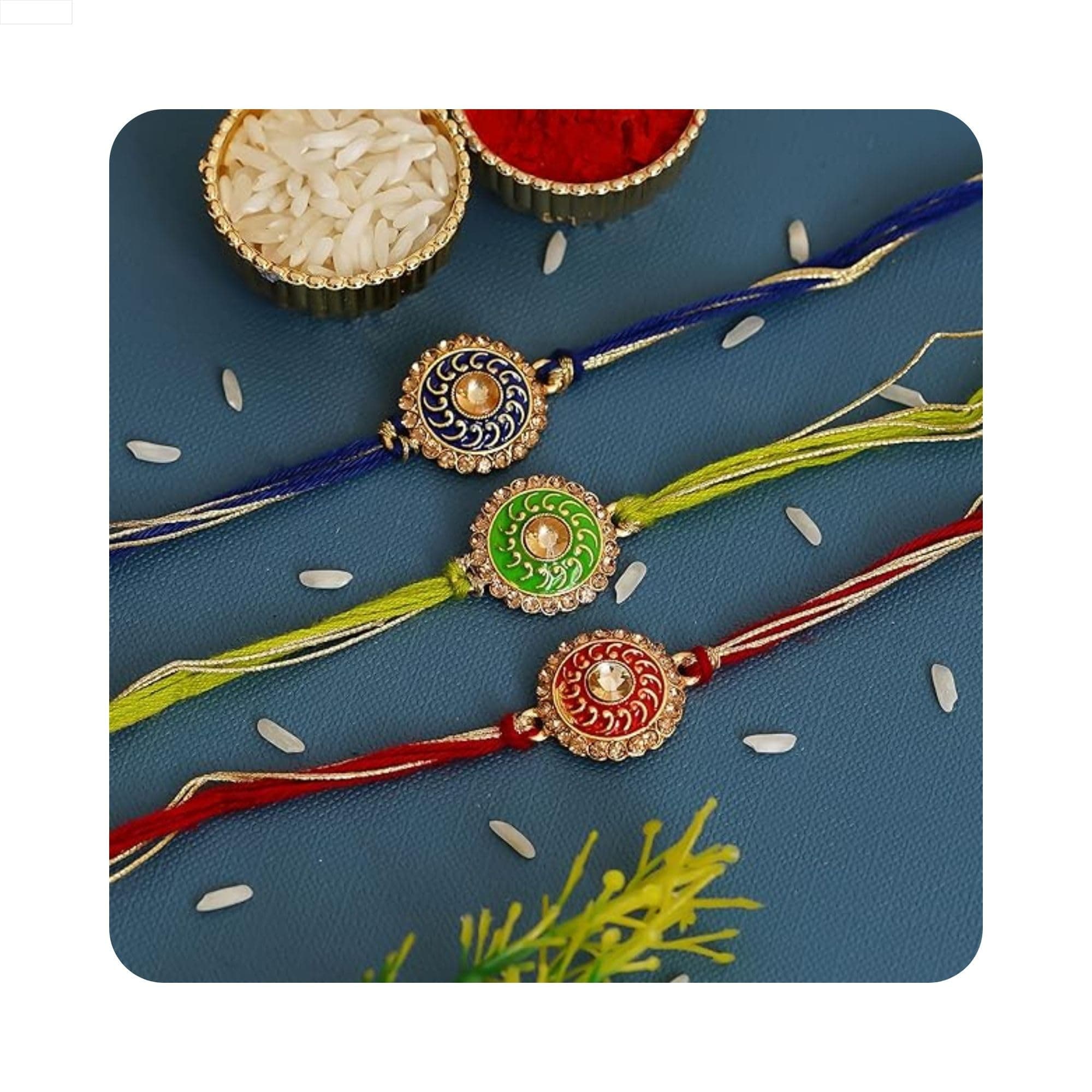 eCraftIndia Blue, Green & Red Set of 3 Meenakari Designer Rakhis with Roli Chawal Pack - Rakhi for Brother, Bhaiya, Bhai