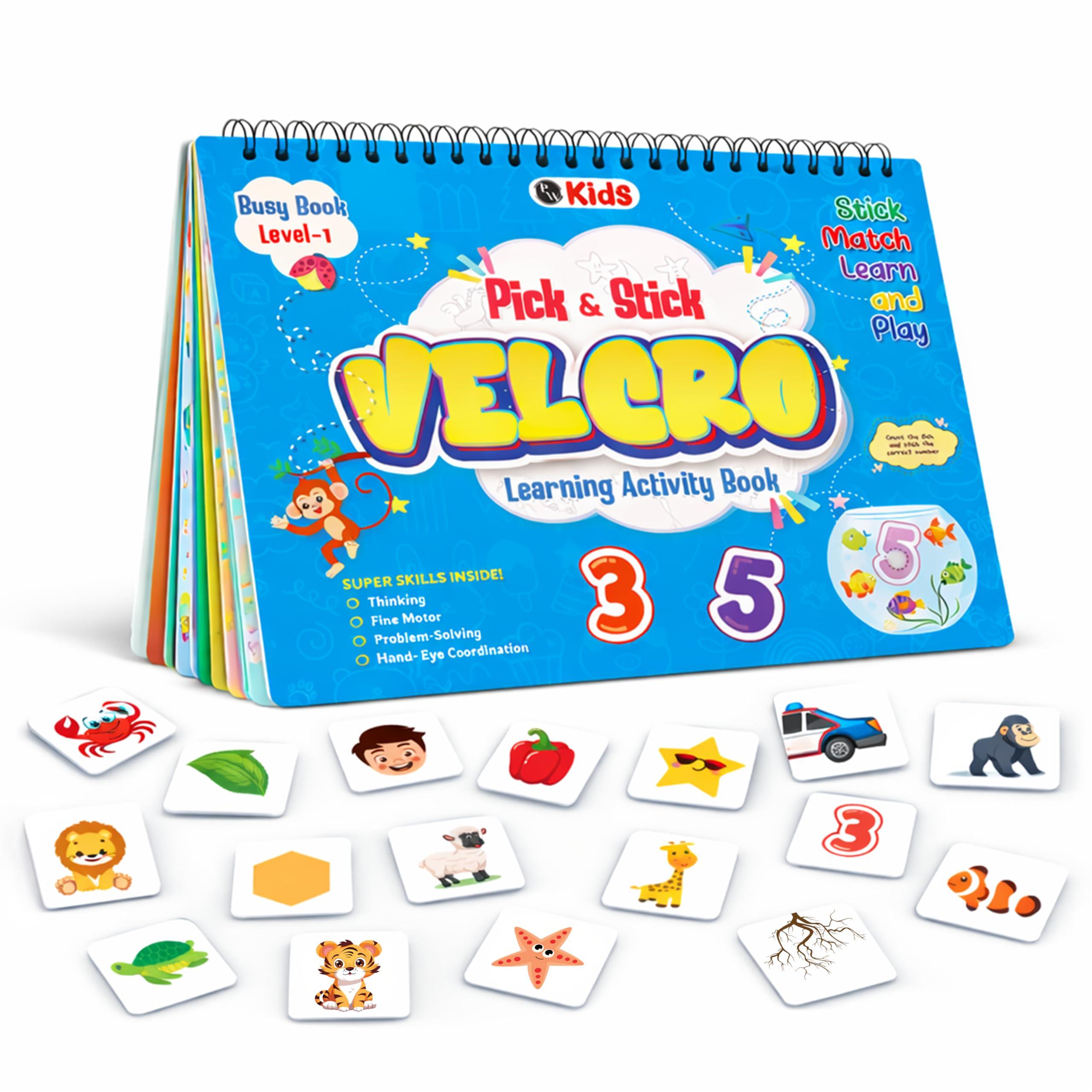Pick & Stick Velcro Learning Activity Book For Kids | Busy Book Level 1 For 2+ Years Old Toddlers | Montessori DIYs, Skill Builder, Numbers, Alphabets, Body Parts, Colors, Travel Vehicles, Kids Gifts