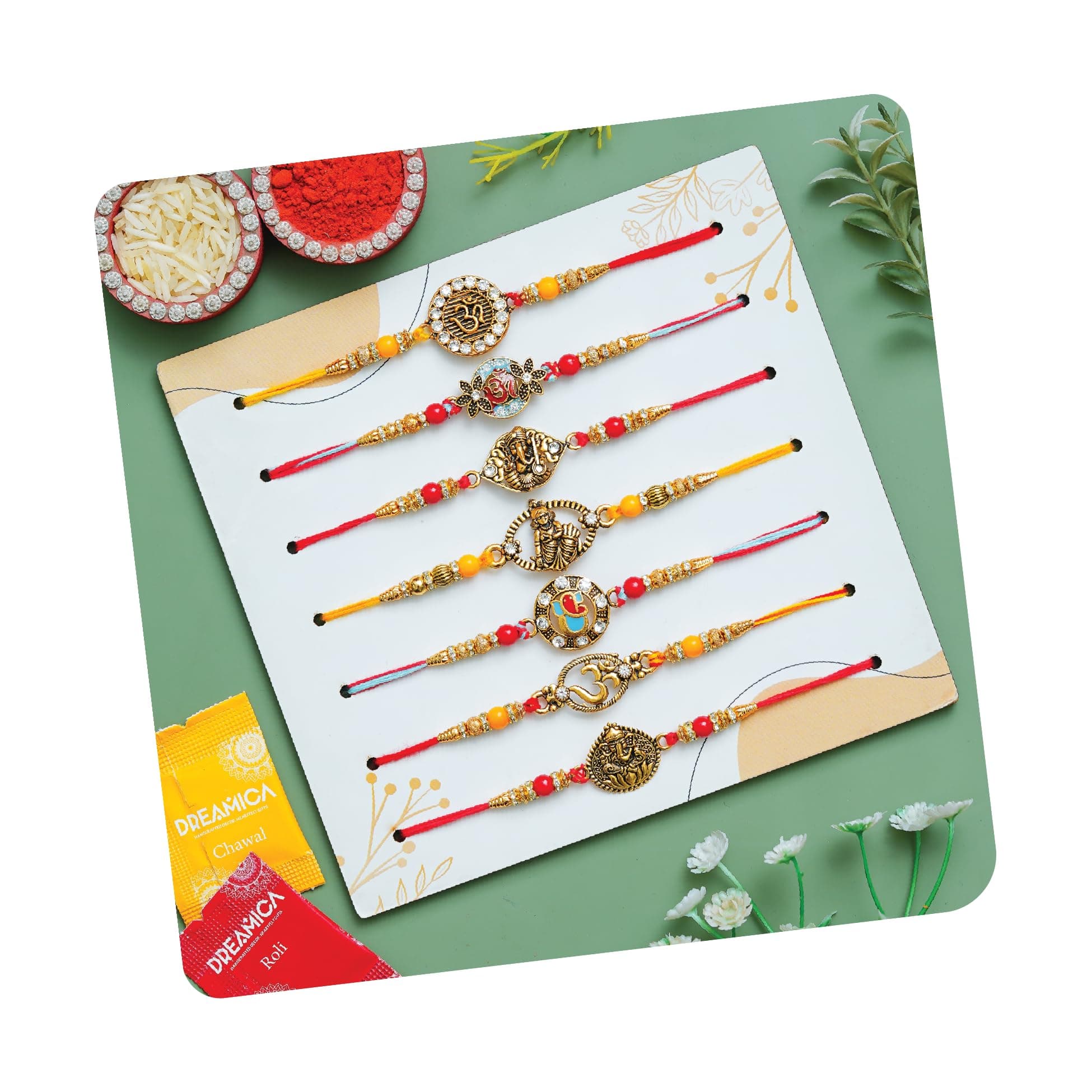 Dreamica Rakhi for Men, Set of 7 Designer Rakhi with Roli Chawal Pack And Greeting Card | GP-811