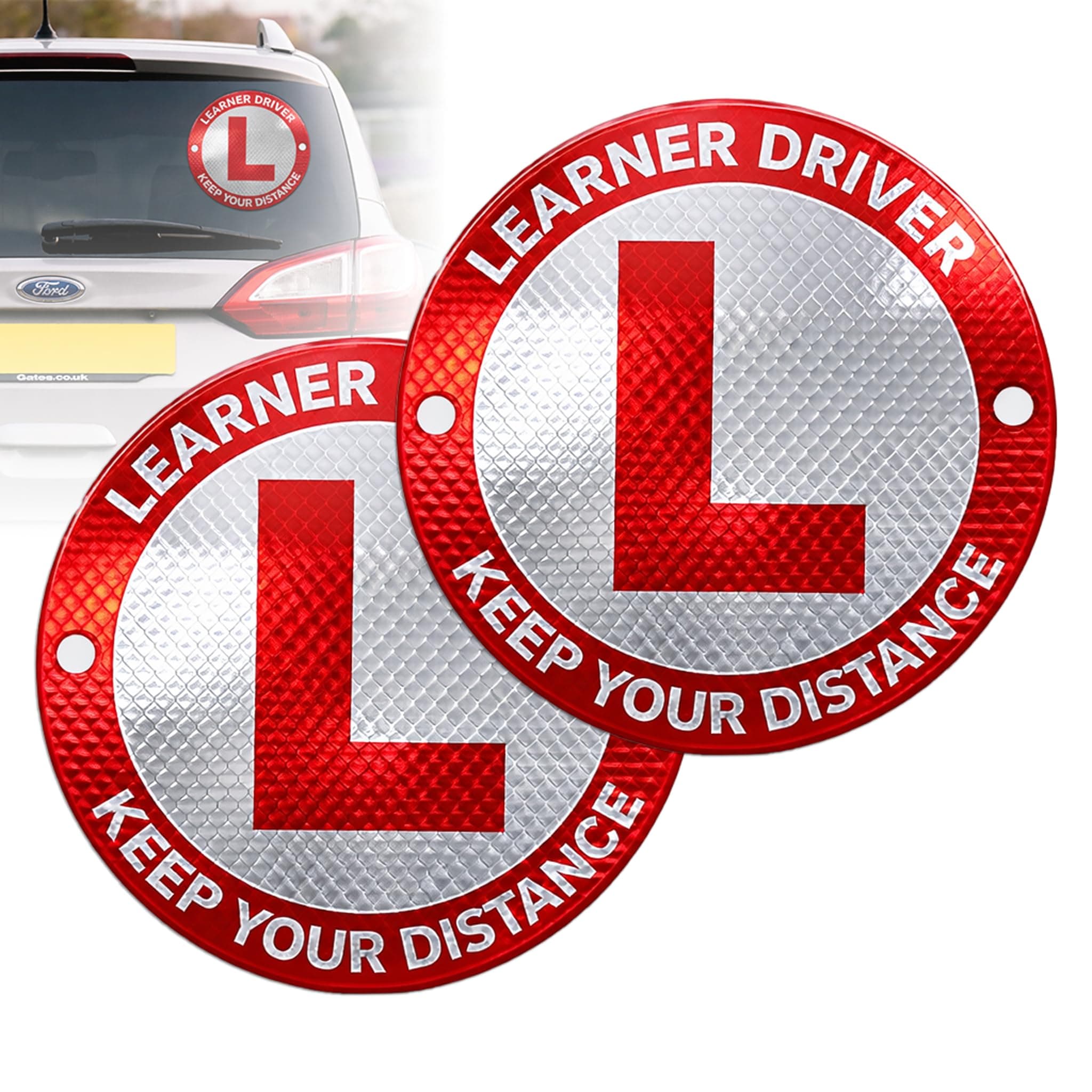 MIKANIX Reflective L-Board Learner Driver Sticker Red | High Visibility Waterproof Exterior Decal for Car Bike Scooter | Easy Apply Durable Safety Sign for Beginners Driving (Keep Distance, 2PC)