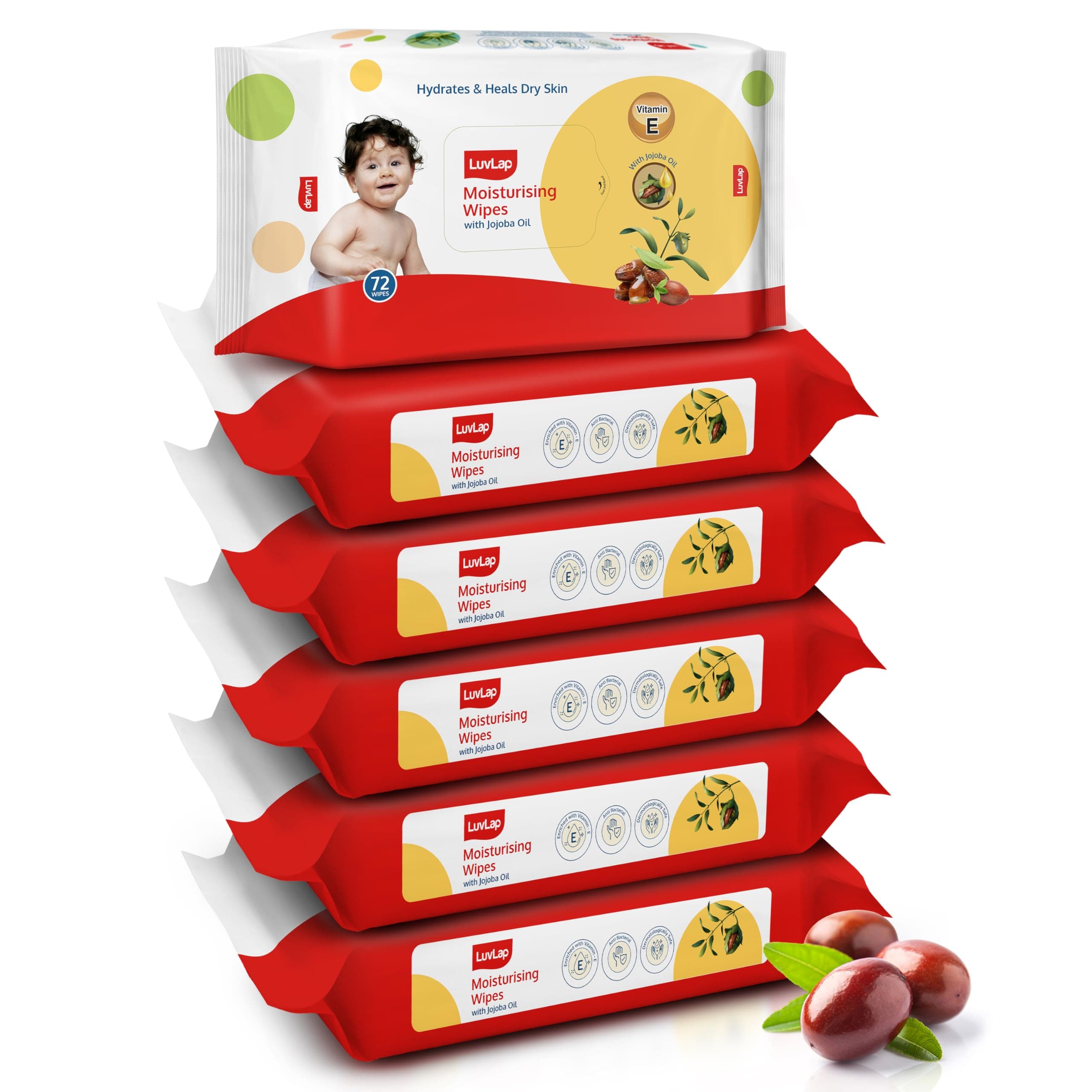 LuvLap Moisturising Wet Wipes without Lid For Baby Skin, Enriched With Jojoba Oil & Vitamin E, pH Balanced, Dermatologically Safe, Paraben & Sulphate Free, 72 Wipes, pack of 6