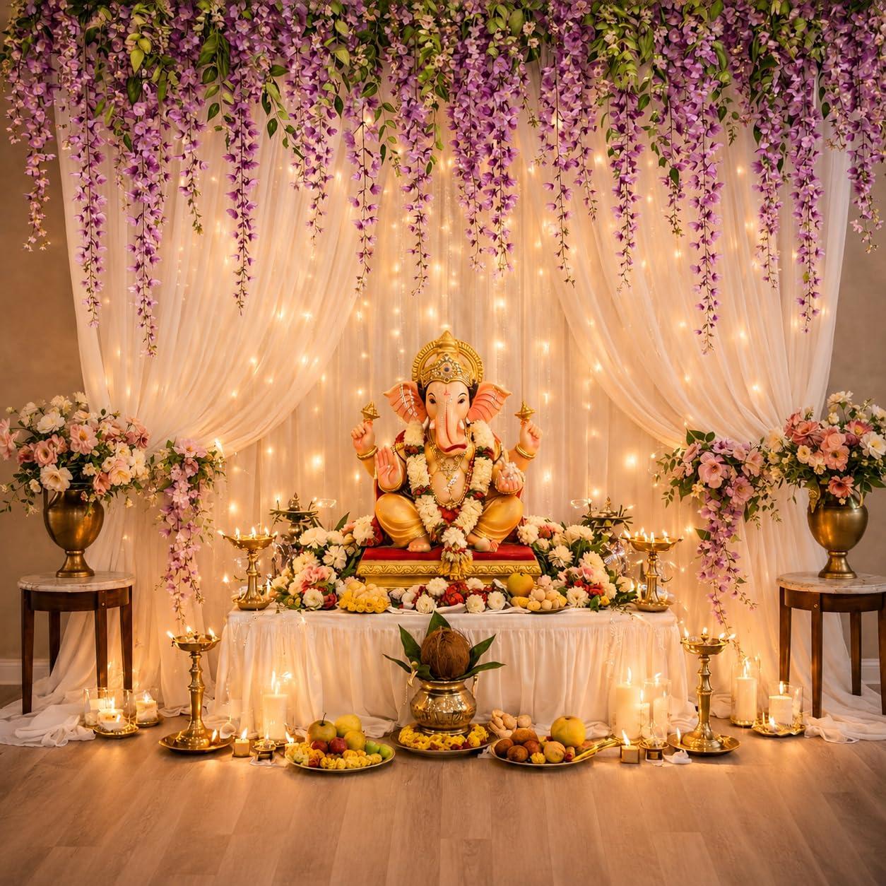 Lazybeee Backdrop Decoration Kit | Net Curtain & Artificial Plant Vines for Ganesh Chaturthi, Haldi & Mehndi, Home Decor & Birthday & Parties | (Ganesh Backdrop Design 7 - C1)