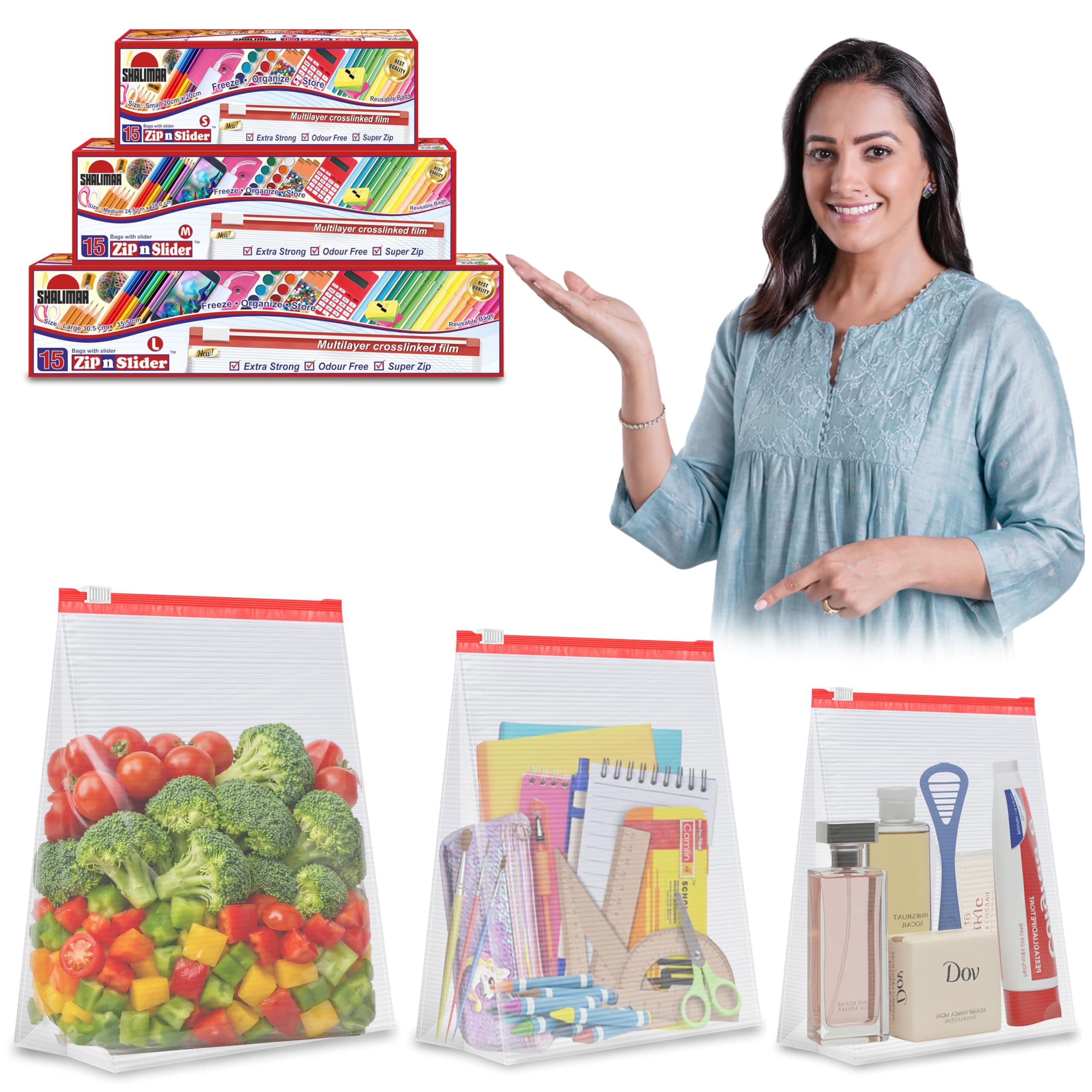 Shalimar Zip 'N' Slider Bags | Combo Pack (Small + Medium + Large) | Pack of 45 Bags | Ziplock/Vegetable/Fruit/Fridge/Multi-Purpose Storage Bag | Reusable & Reclosable with Slider Lock | Color–Natural