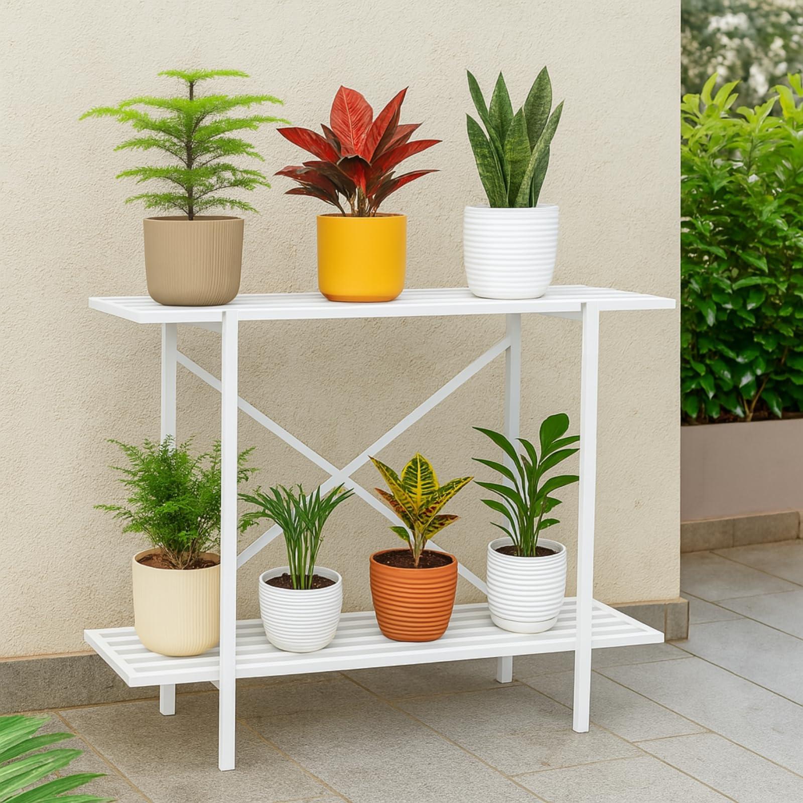 ecofynd Adam Plant Stands for Outdoor Balcony, Flower Pot Stand for Indoor Plants, Large Metal Planter Stand for Living Room, home decor, Indoor & Outdoor plants, 2 Tier (35 Inch, PS029-WHT)